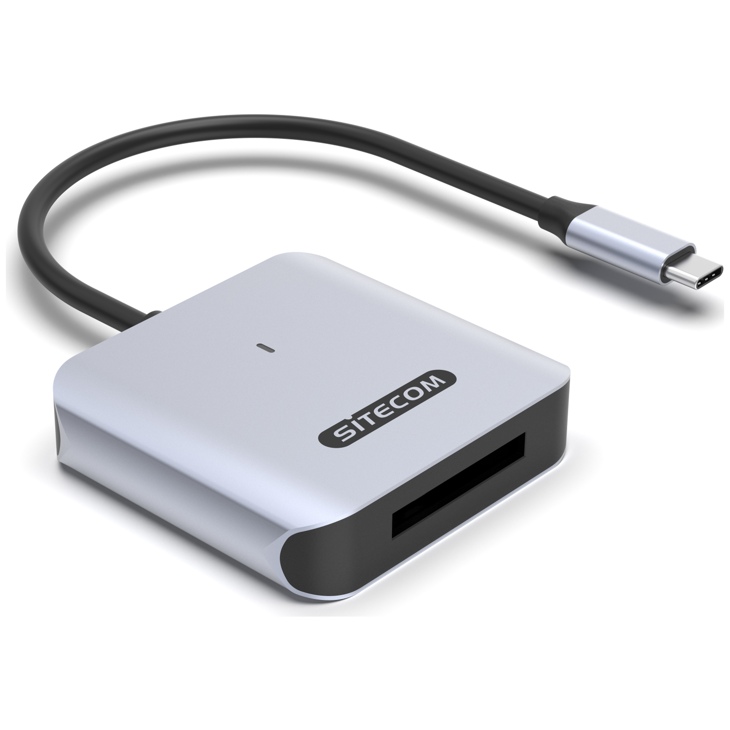 A Sitecom card reader with a black cable and a USB-C connector. The device is silver and black, with the Sitecom logo.