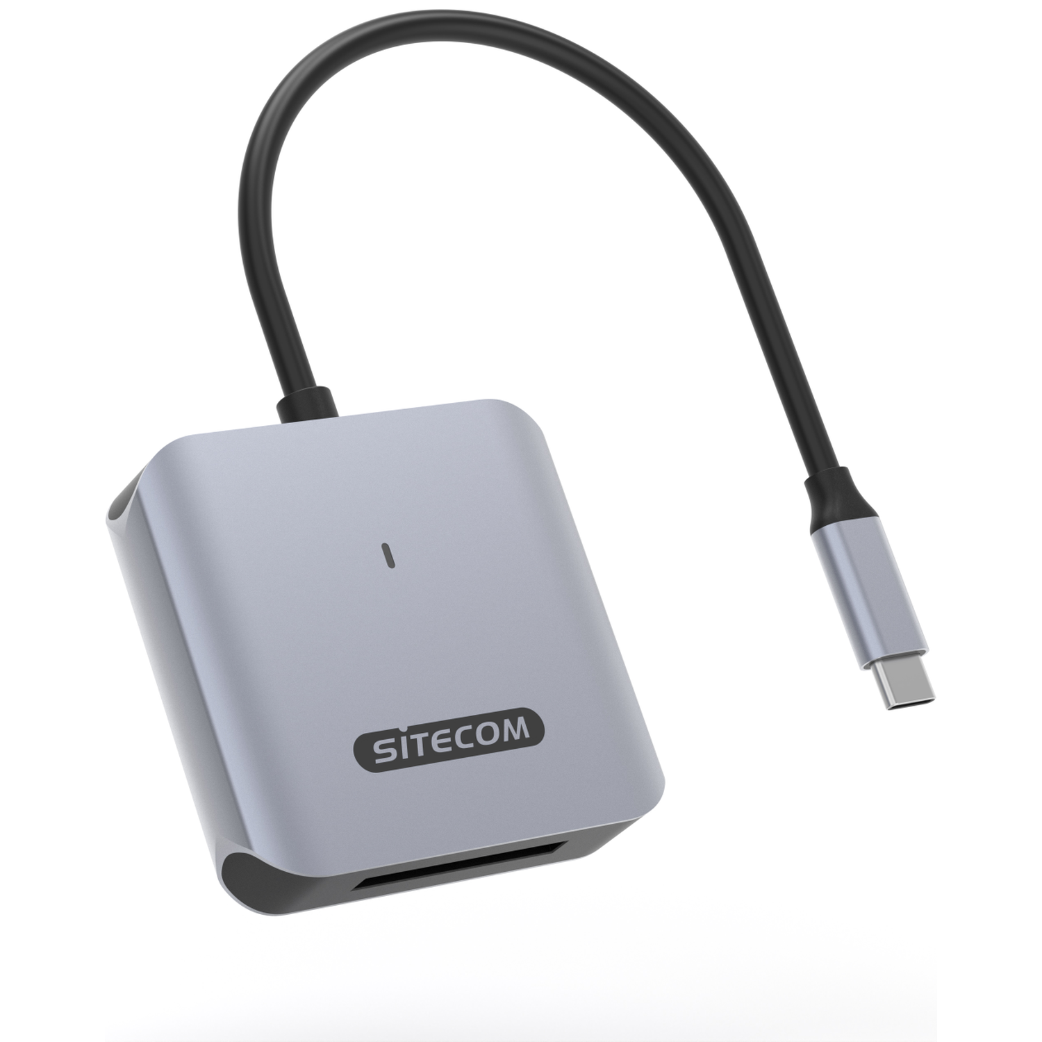 A silver Sitecom card reader with a black cable and a USB-C connector. The device is on a white background.