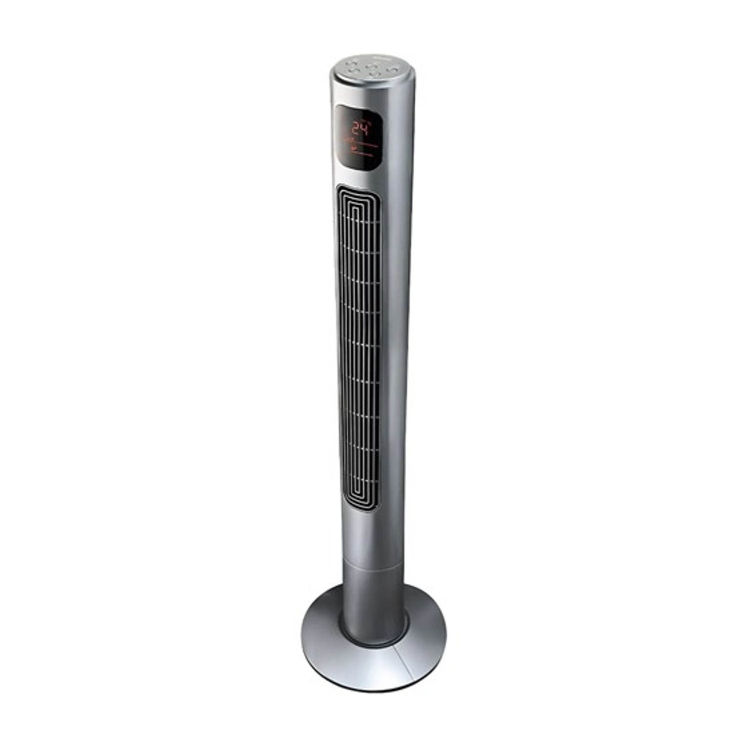 Un ventilatore a torre argentato con display digitale della temperatura. Ha una griglia nera e una base circolare, su sfondo bianco.