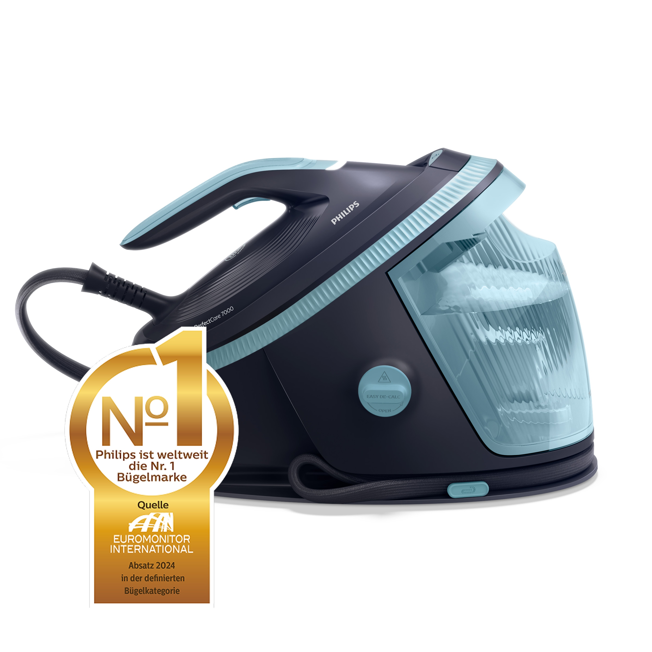 Ein Philips-Bügeleisen mit blauem Griff und Wassertank sowie einem goldenen Aufkleber, der die Nr. 1 Bügelmarke kennzeichnet.