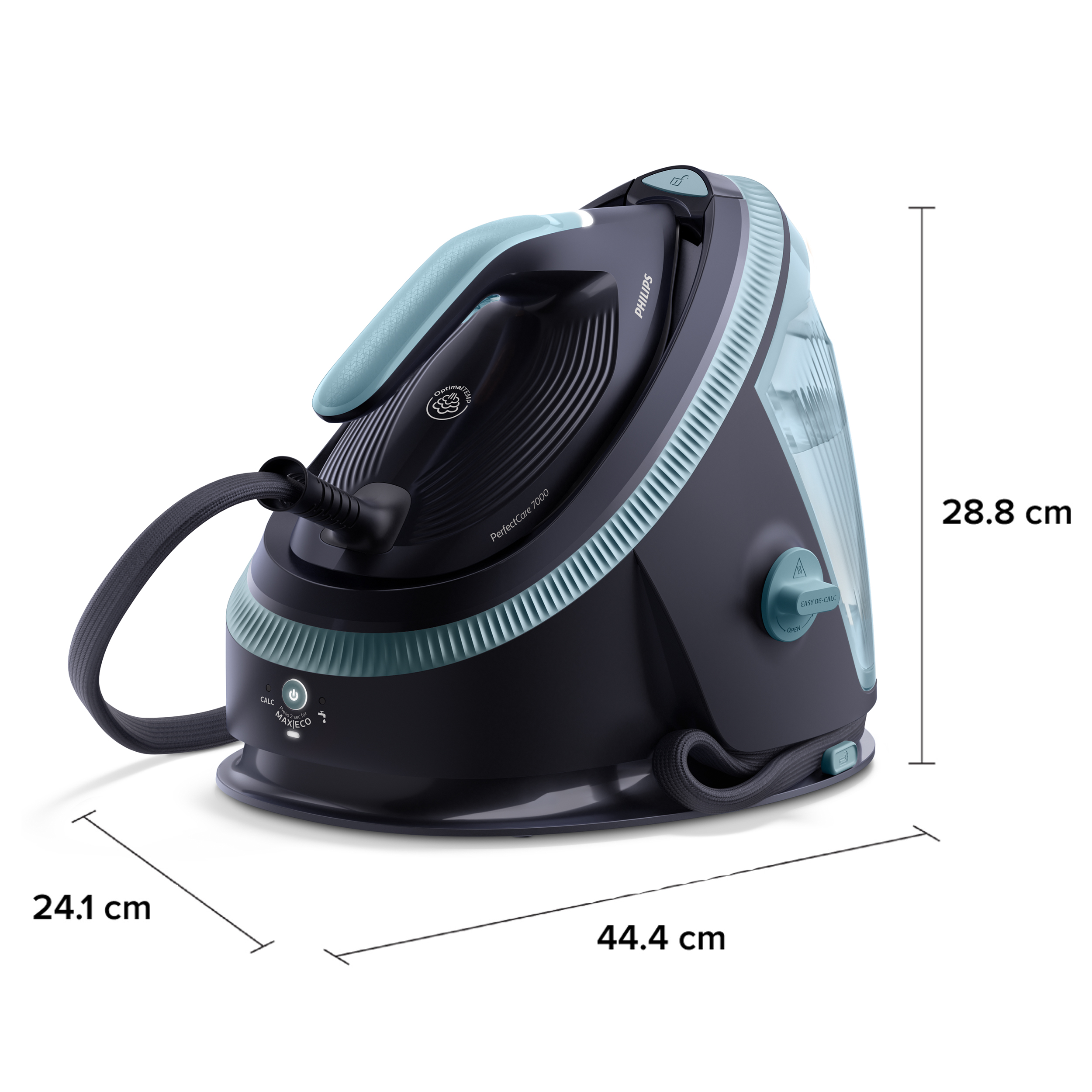 Ein schwarzes und türkisfarbenes Philips PerfectCare 7000 Bügeleisen. Abmessungen sind 44,4 cm x 24,1 cm x 28,8 cm. Merkmale sind OptimalTEMP.