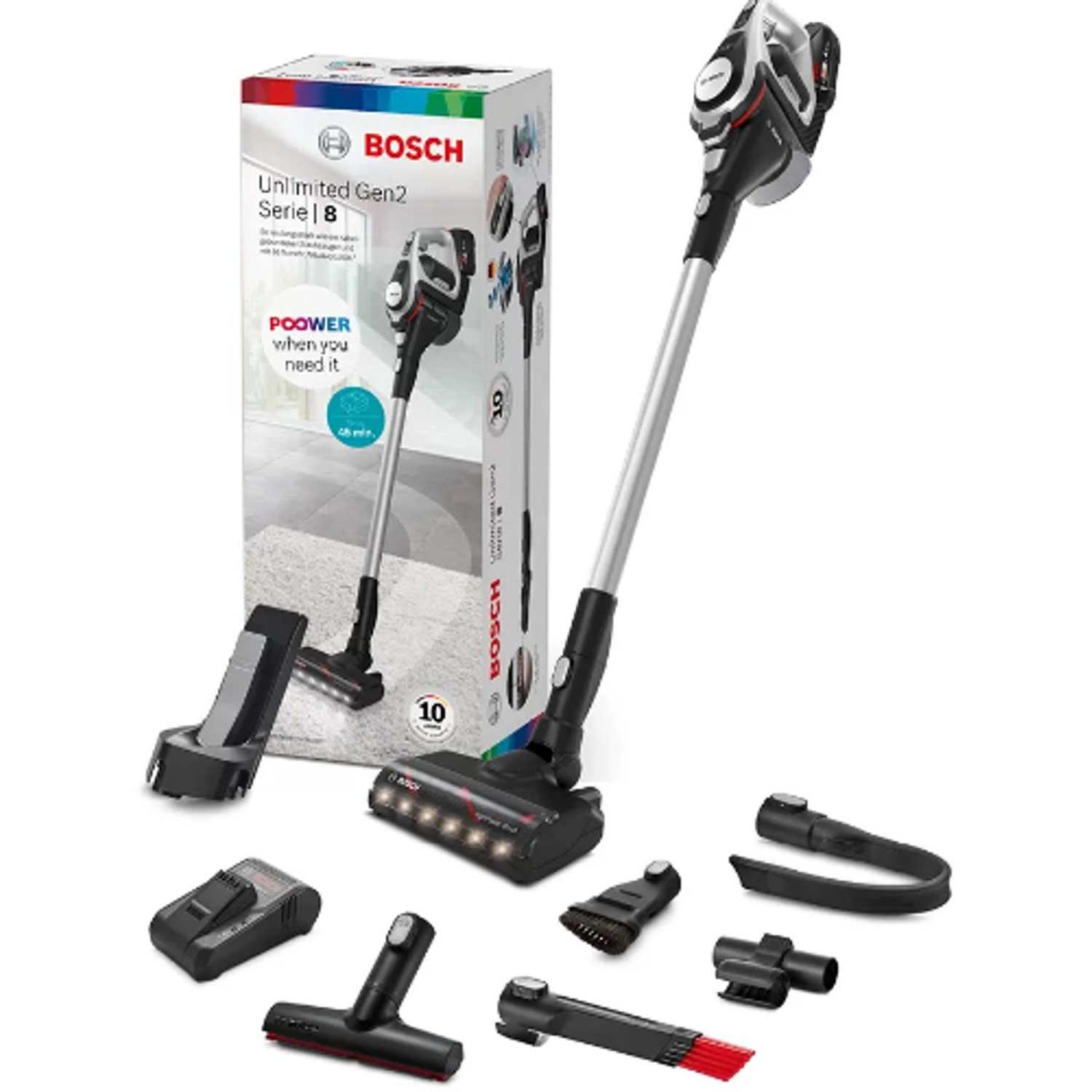 Aspirateur Bosch, divers accessoires et boîte du produit avec texte. L'aspirateur est noir et argenté. Les accessoires sont noirs.