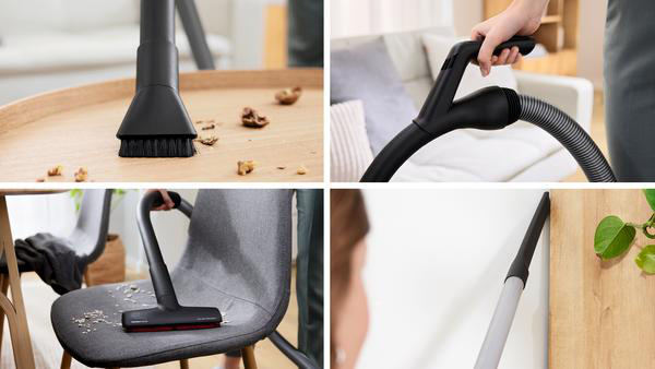 Vier Bilder, die Teile eines Staubsaugers in Gebrauch zeigen: Reinigung eines Tisches mit Schmutz, einer Couch, eines Stuhls und einer Wand.