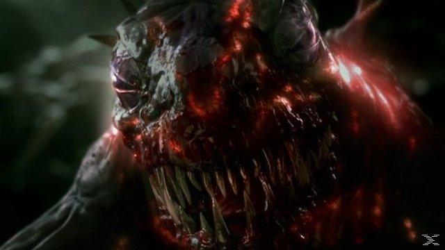 Nahaufnahme eines Monsterkopfes mit scharfen Zähnen, rot leuchtenden Bereichen und dunkler, strukturierter Haut. Der Hintergrund ist dunkel.