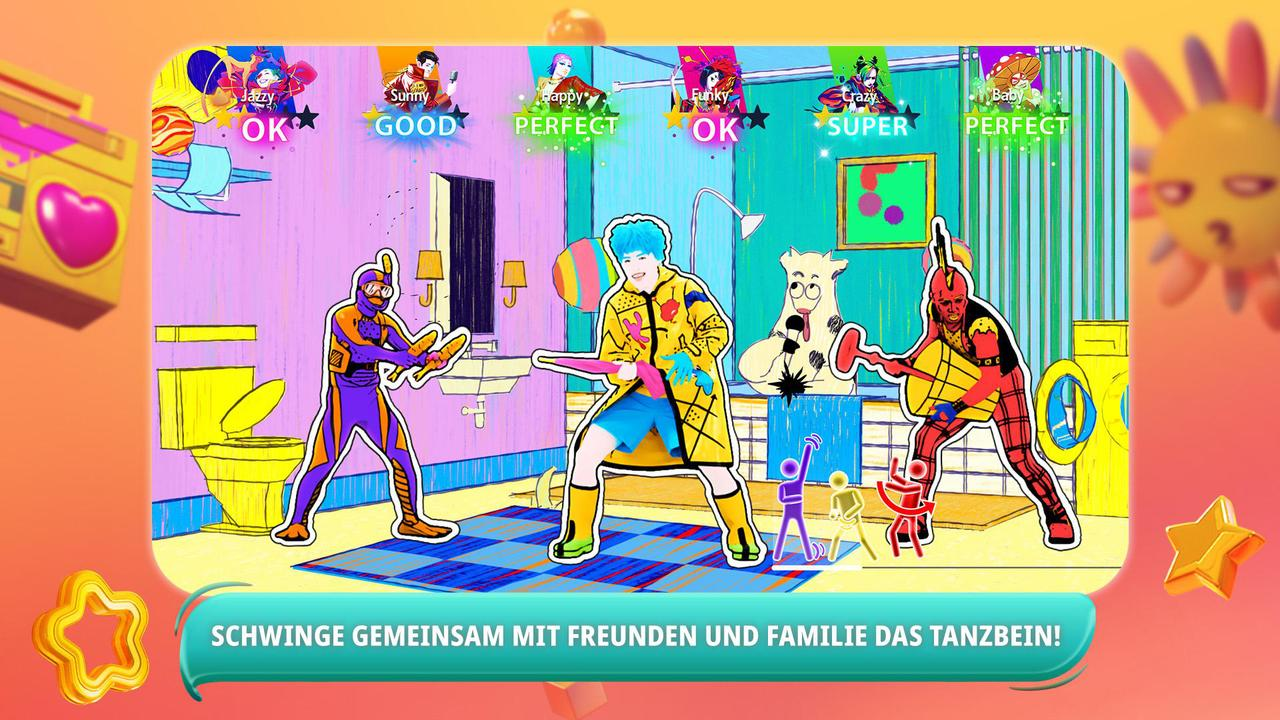 Buntes Spielinterface. Figuren tanzen in einem Badezimmer. Text: "Schwinge mit Freunden und Familie!"