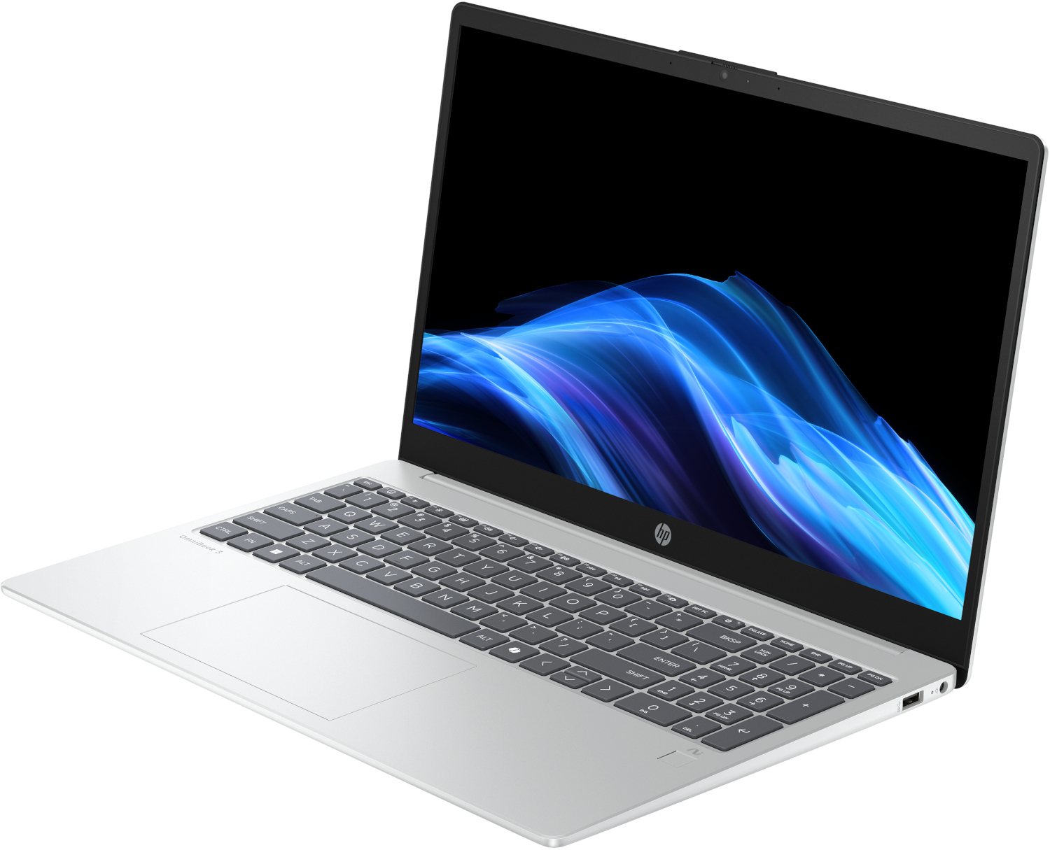 A silver HP laptop is open. The screen displays blue and purple abstract art. The keyboard is visible, and the laptop is on a white surface.