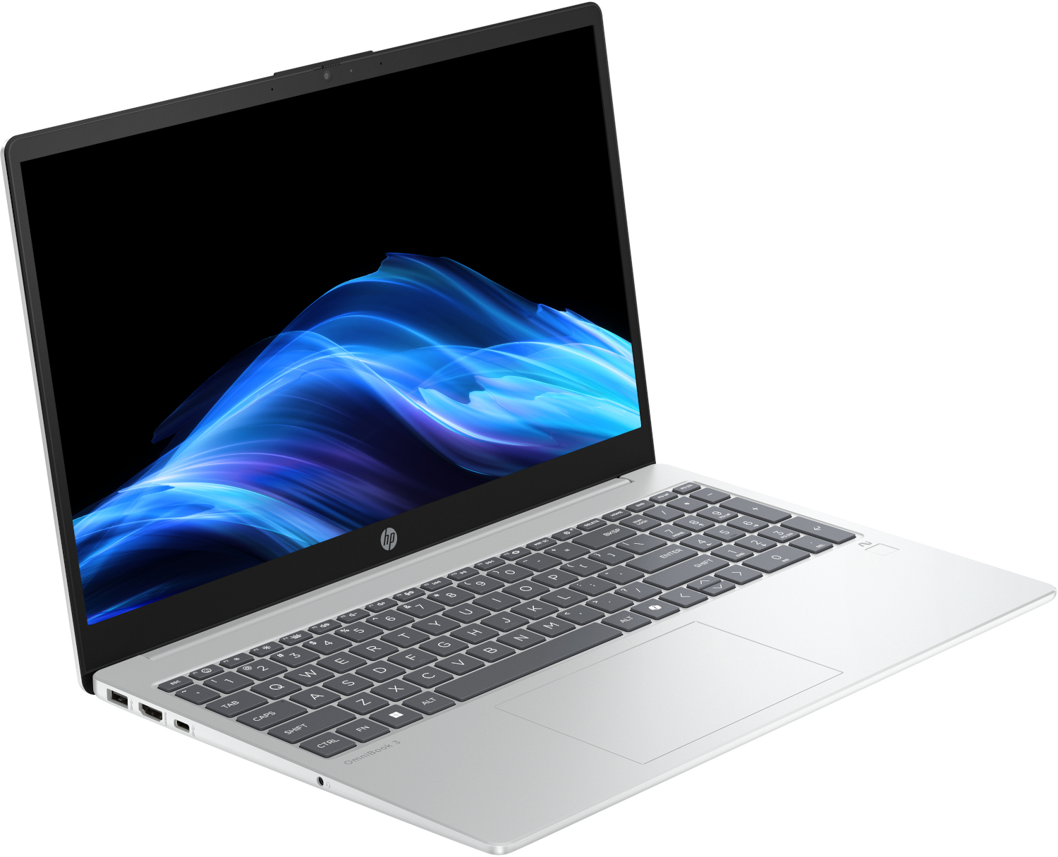 Silver laptop with a black screen displaying blue wave graphics. Keyboard visible, HP logo on the laptop's base.