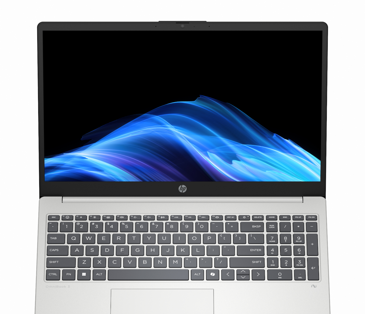 Open laptop with a bright screen displaying blue and white abstract shapes. Keyboard visible, HP logo on the top.