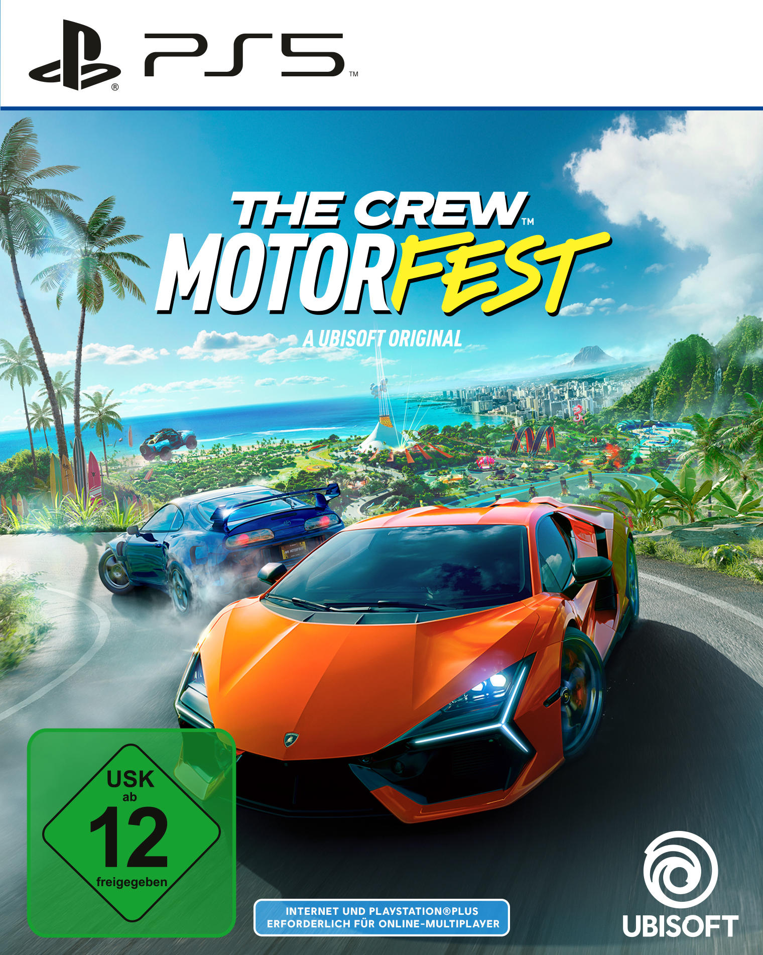Spielcover. Orangefarbenes Auto im Vordergrund, blaues Auto dahinter, Palmen, Stadt und blauer Himmel. Titel: The Crew Motorfest.