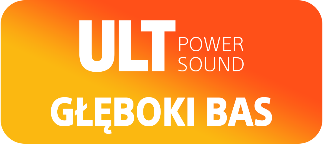 Pomarańczowo-żółte tło z białym tekstem: 'ULT POWER SOUND' i 'GŁĘBOKI BAS'.