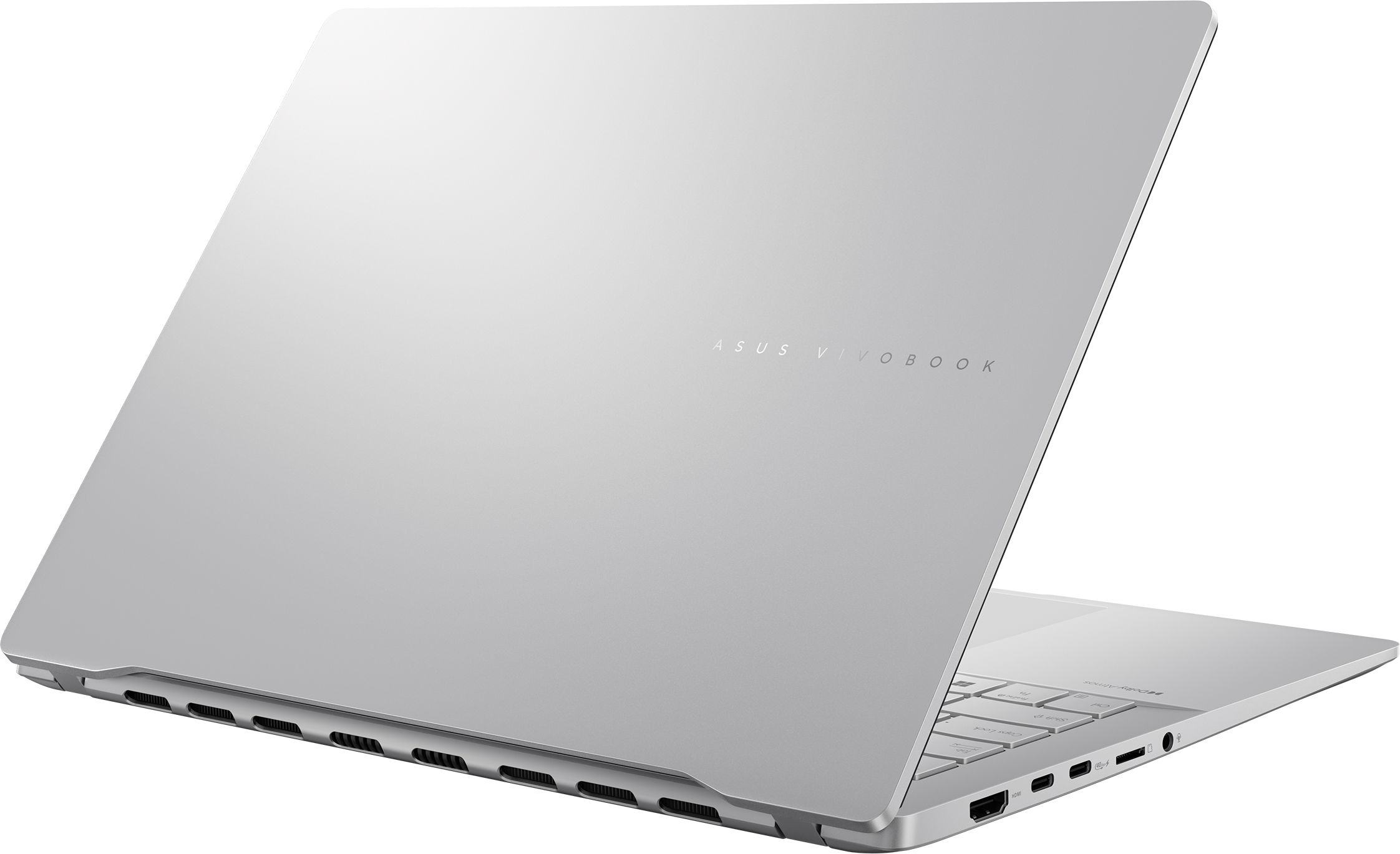 Ezüst Asus Vivobook laptop, fekete háttérrel. Látni a billentyűzetet és a portokat. A név felül van.