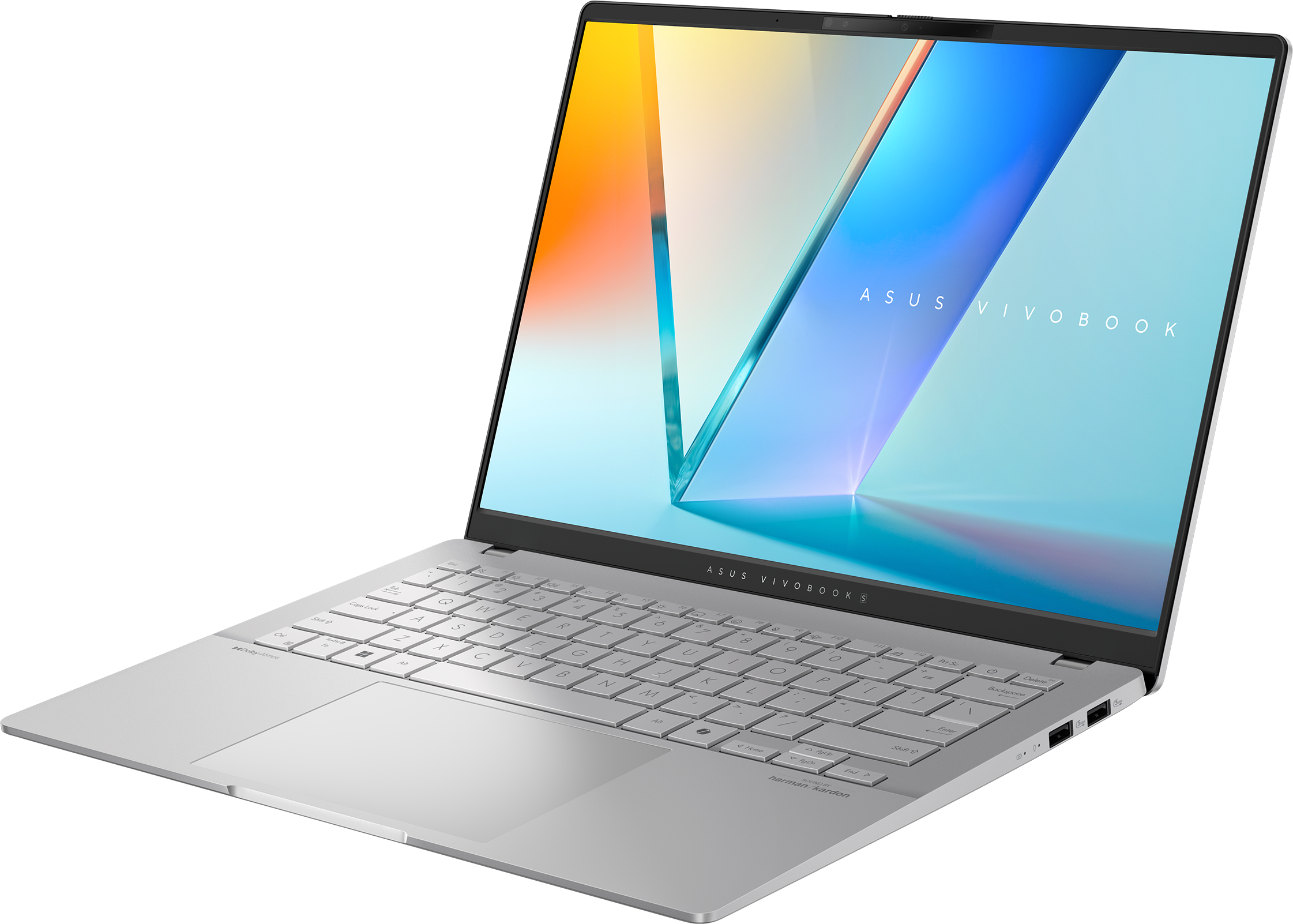 Ezüst ASUS Vivobook laptop fekete háttérrel. A képernyő kék és sárga színátmeneteket jelenít meg.
