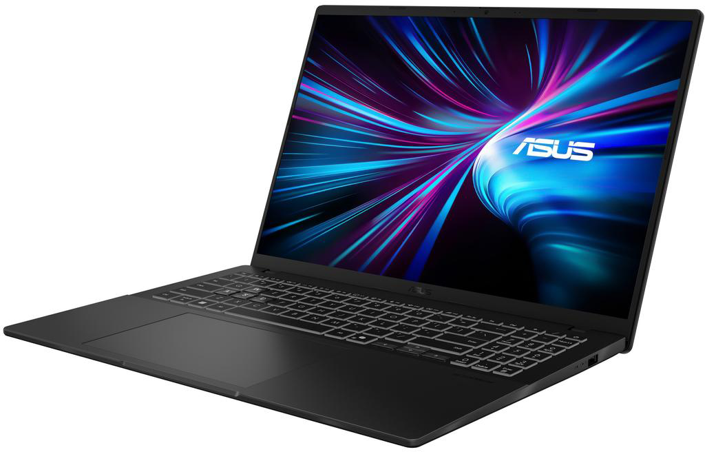 Fekete ASUS laptop, nyitva, kék és lila absztrakt designnal. Billentyűzet látható. Fehér háttér.