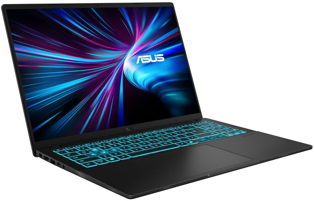 Fekete ASUS laptop. A képernyő kék és lila fénysávokat jelenít meg. A billentyűzet kék fénnyel világít. ASUS logó látható.