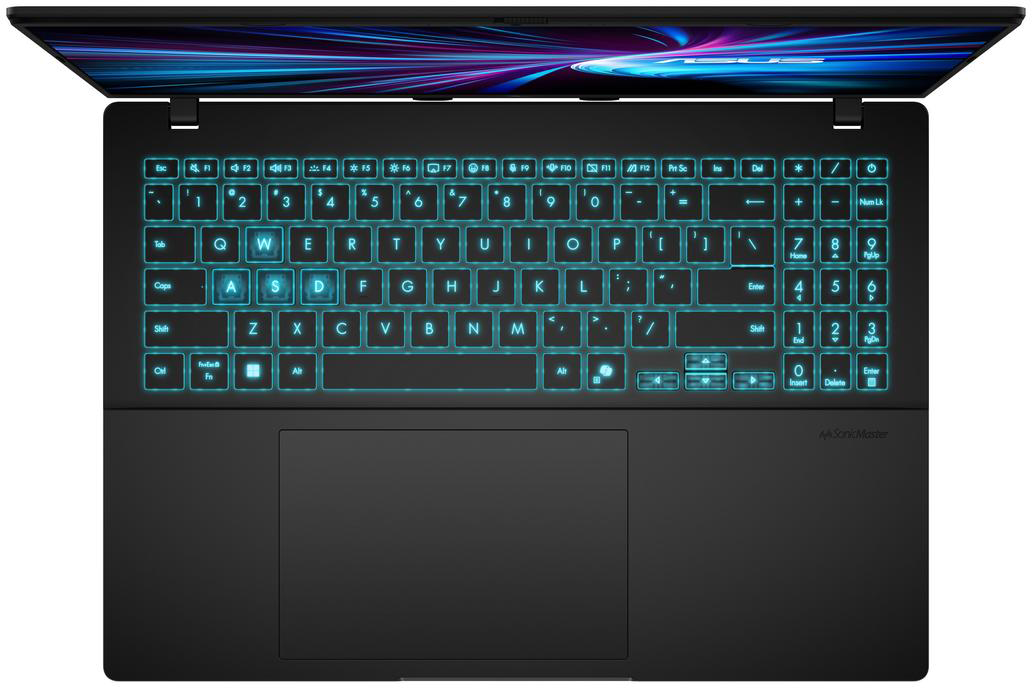 A laptop billentyűzete kék fénnyel világít. A képernyő nyitva van, színes mintát jelenít meg. Fekete laptop, érintőpad alul.