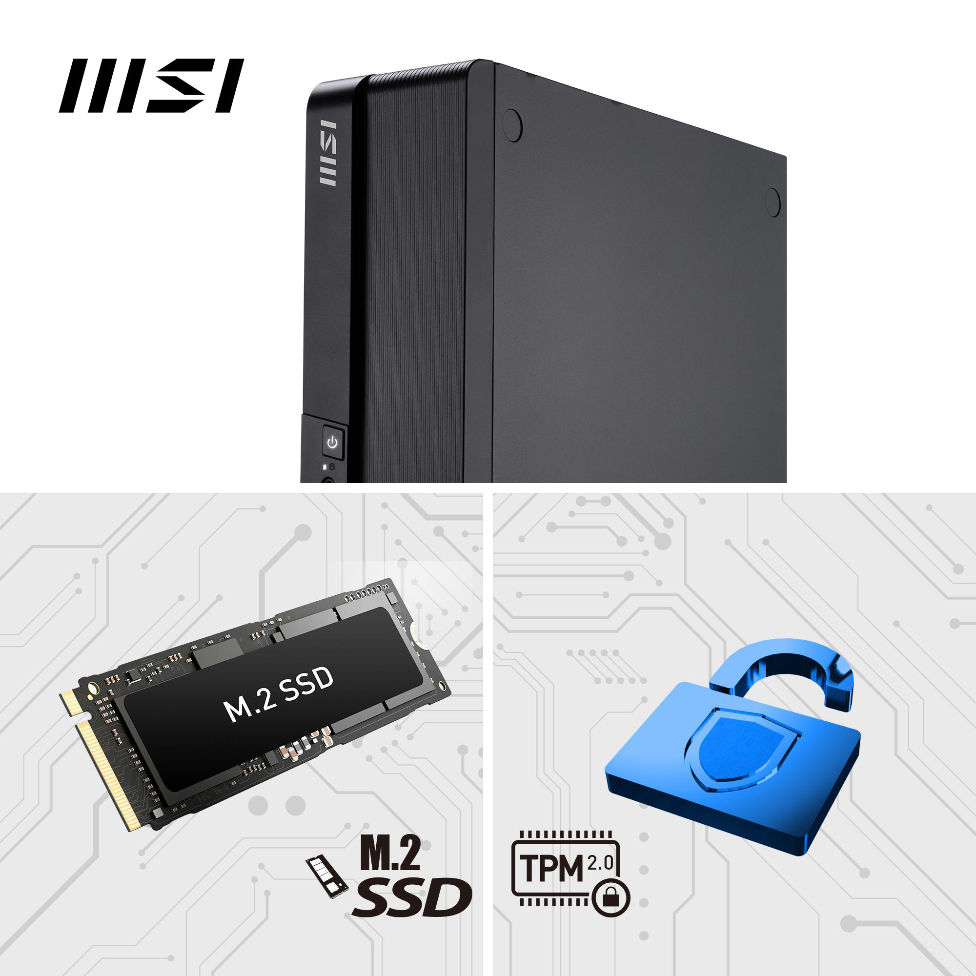 Das Bild zeigt ein schwarzes Computergehäuse, eine M.2-SSD und ein blaues Schloss. Text enthält M.2 SSD und TPM 2.0.