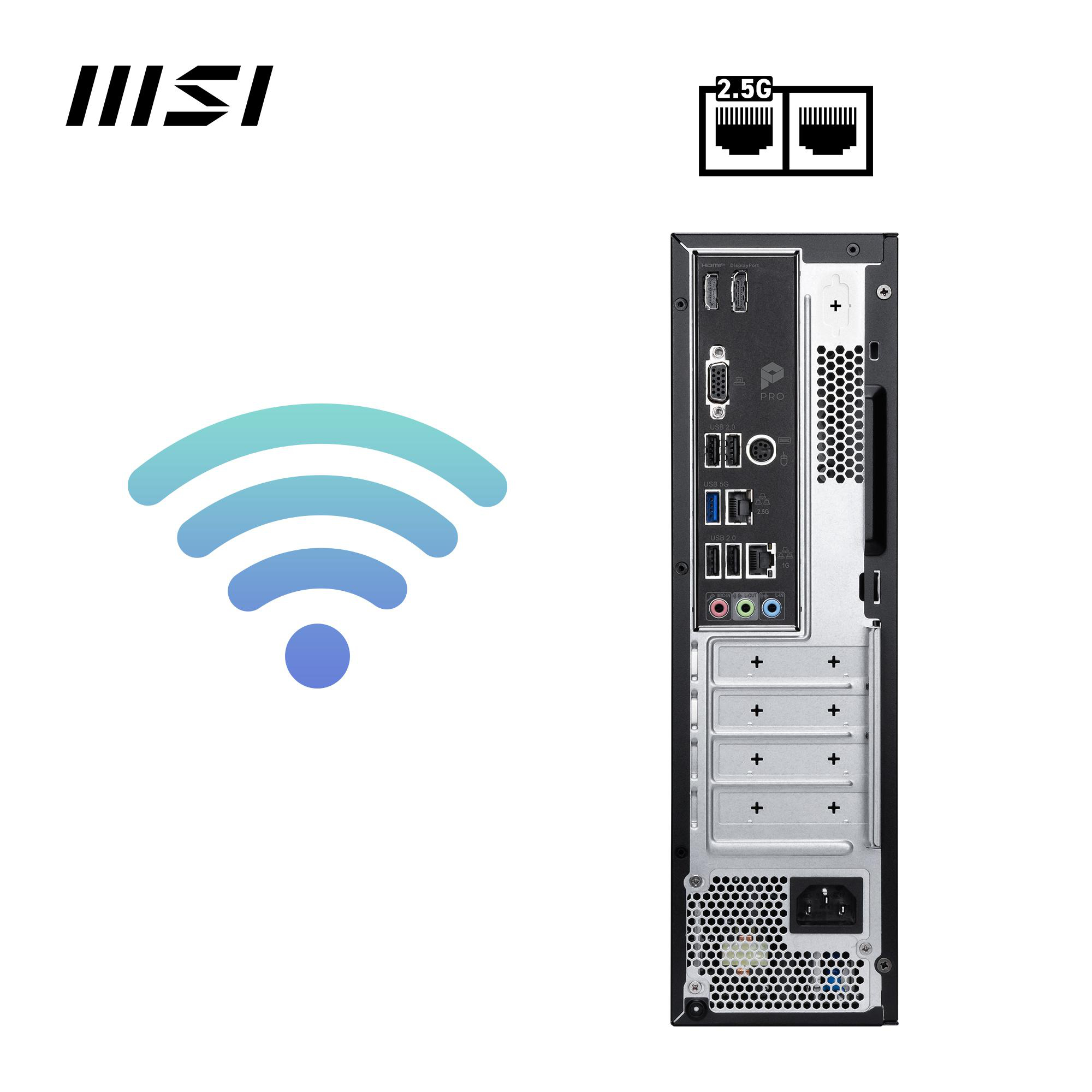 Ein Computergehäuse mit Anschlüssen, WLAN-Symbol und MSI-Logo sind sichtbar. Ethernet-Anschlüsse sind mit 2,5G gekennzeichnet.