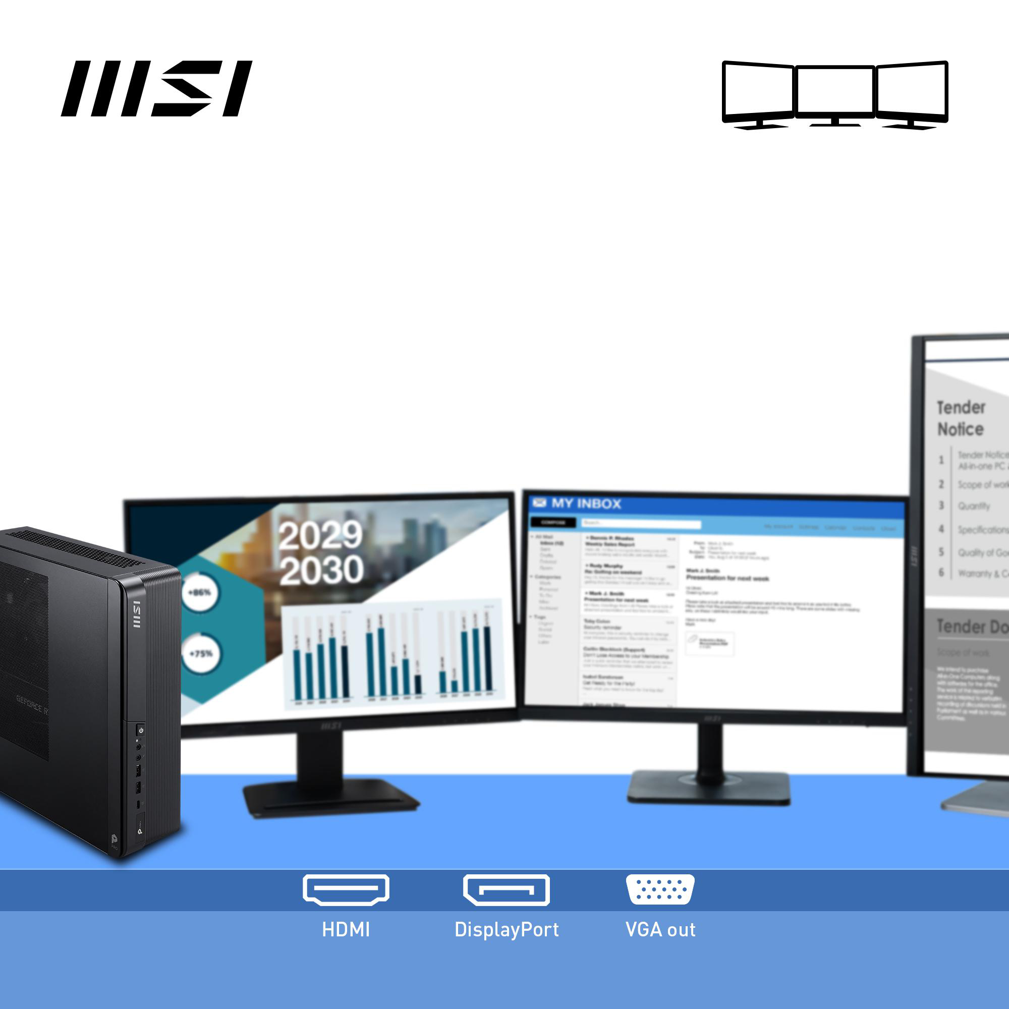 Ein Computer-Setup mit drei Monitoren, einem Desktop-PC und Anschlüssen, einschließlich HDMI, DisplayPort und VGA-Ausgang.