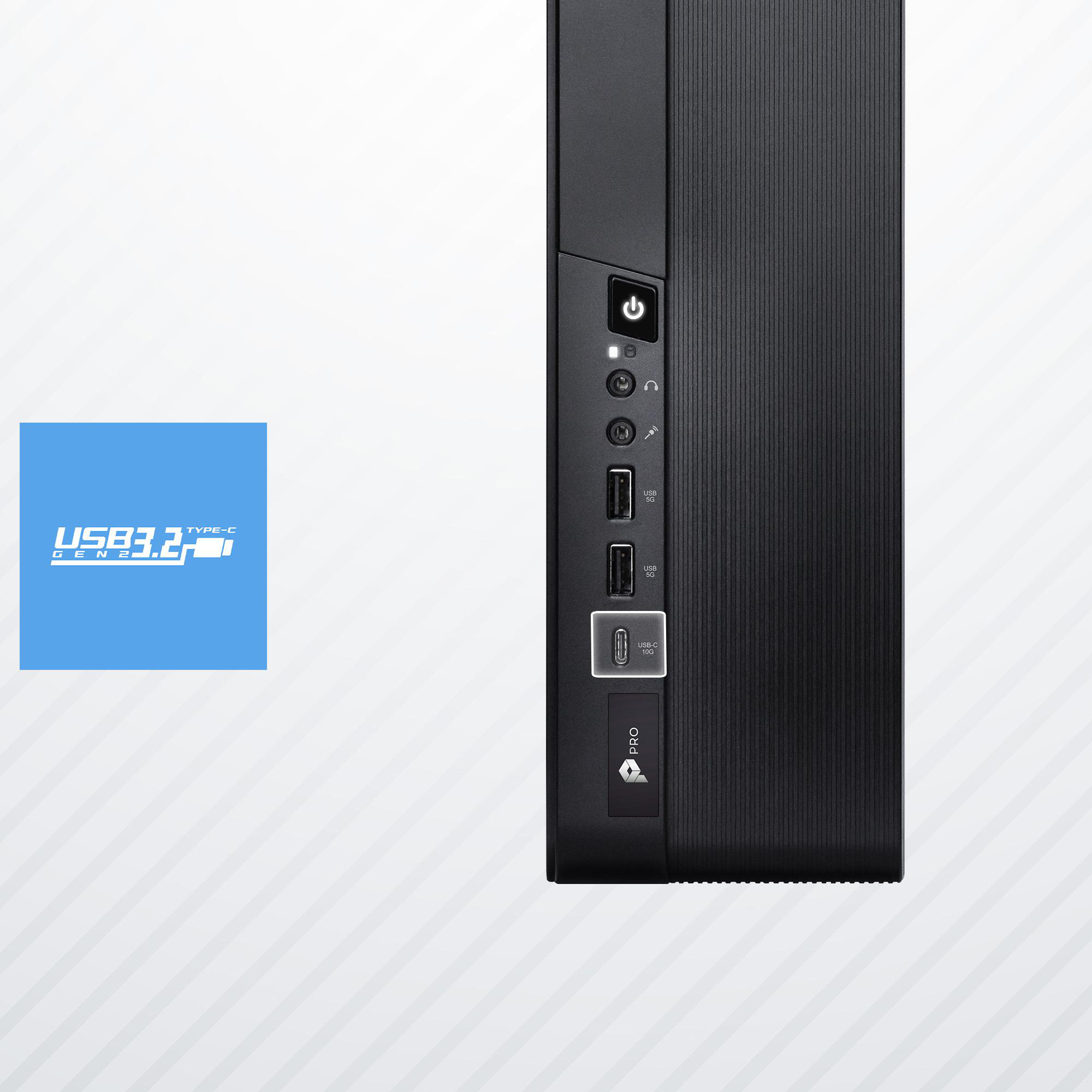 Ein schwarzes Computergehäuse mit Strom- und USB-Anschlüssen. Ein blaues Quadrat zeigt den Text USB3.2 TYPE-C.