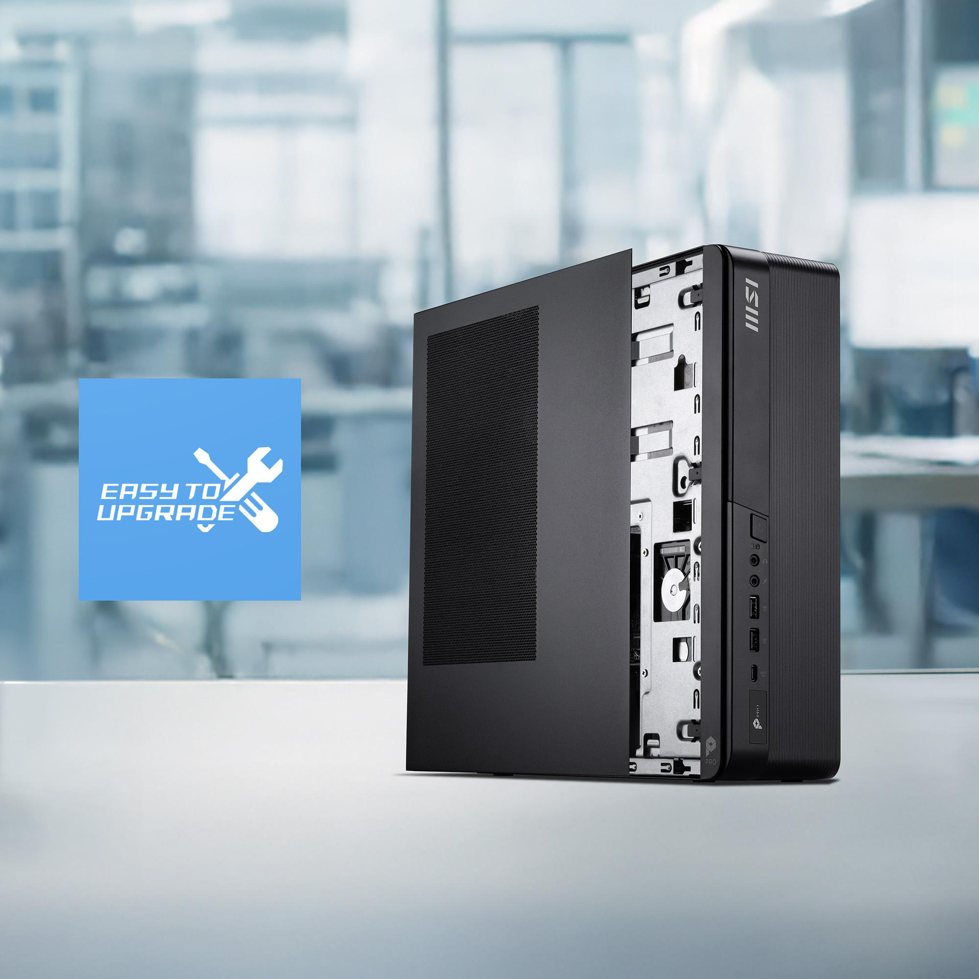 Ein schwarzes Computergehäuse mit offener Seite, das interne Komponenten zeigt. Links ein blaues Feld mit Upgrade-Text.