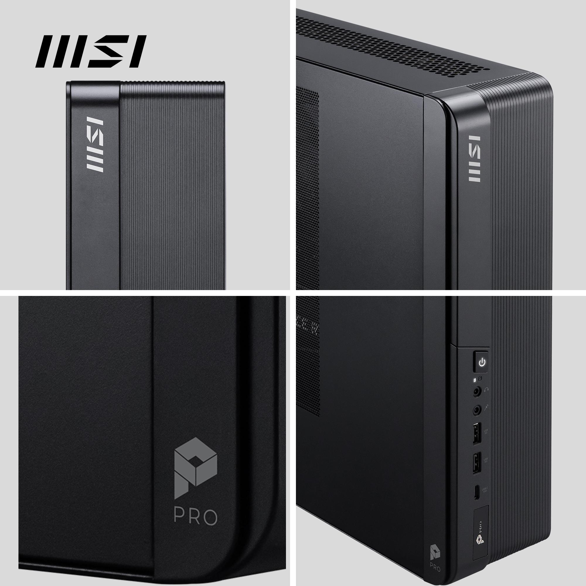 Schwarzes Computergehäuse mit MSI- und Pro-Logos. Mit Strom- und USB-Anschlüssen. Grauer Hintergrund.