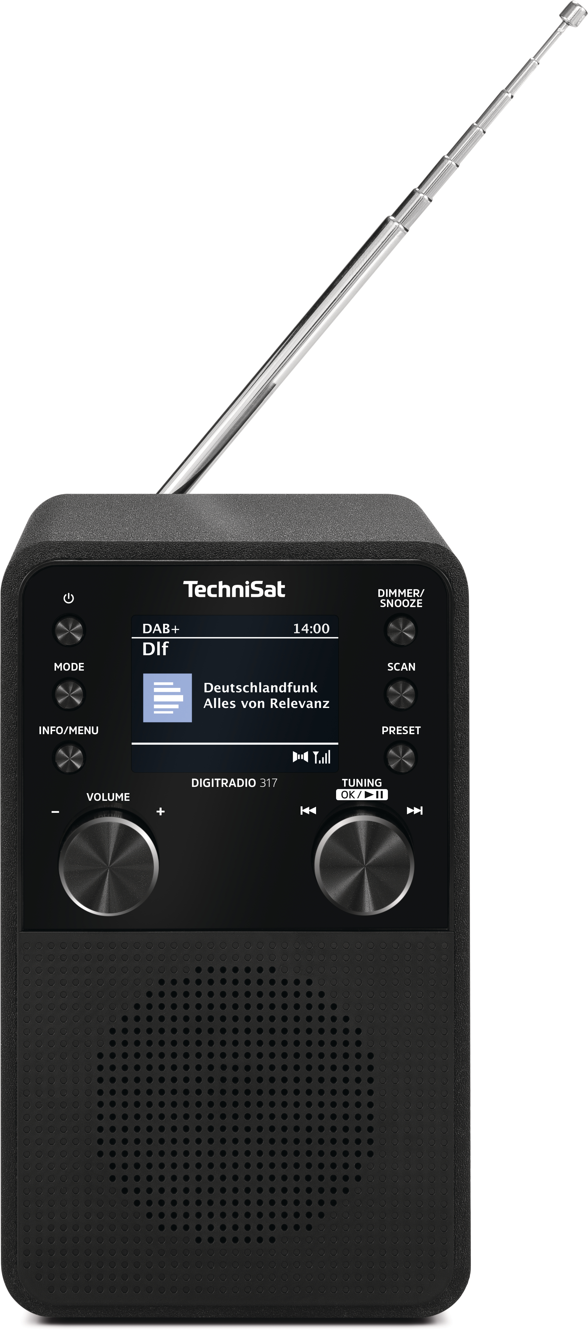 Schwarzes TechniSat-Radio mit Antenne. Der Bildschirm zeigt 'Deutschlandfunk'. Hat Lautstärke- und Abstimmknöpfe. Silberne Antenne ragt auf.