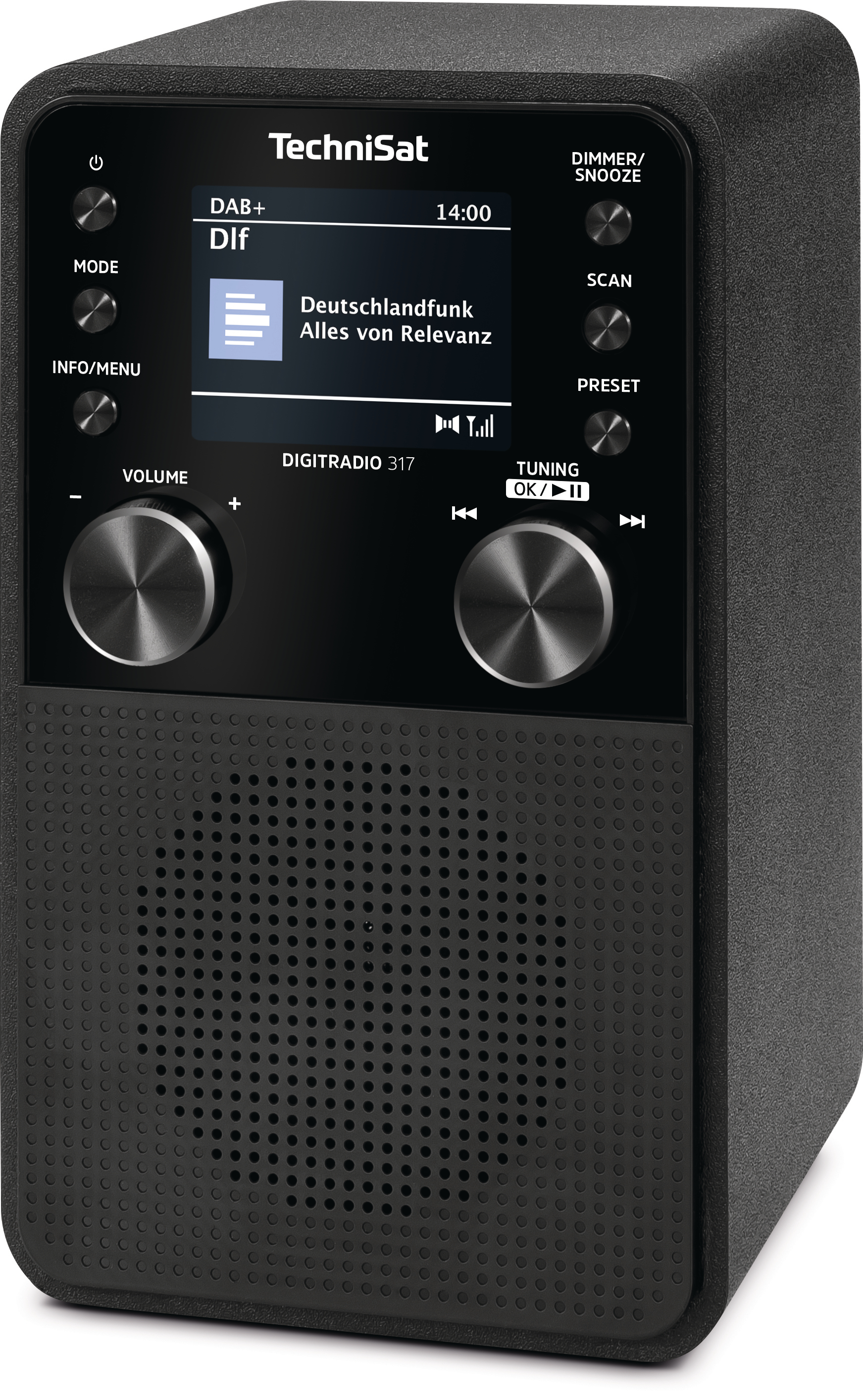 Schwarzes TechniSat Digiradio 317 mit Bildschirm. Bedienelemente: Lautstärke, Sendersuche und Modus.