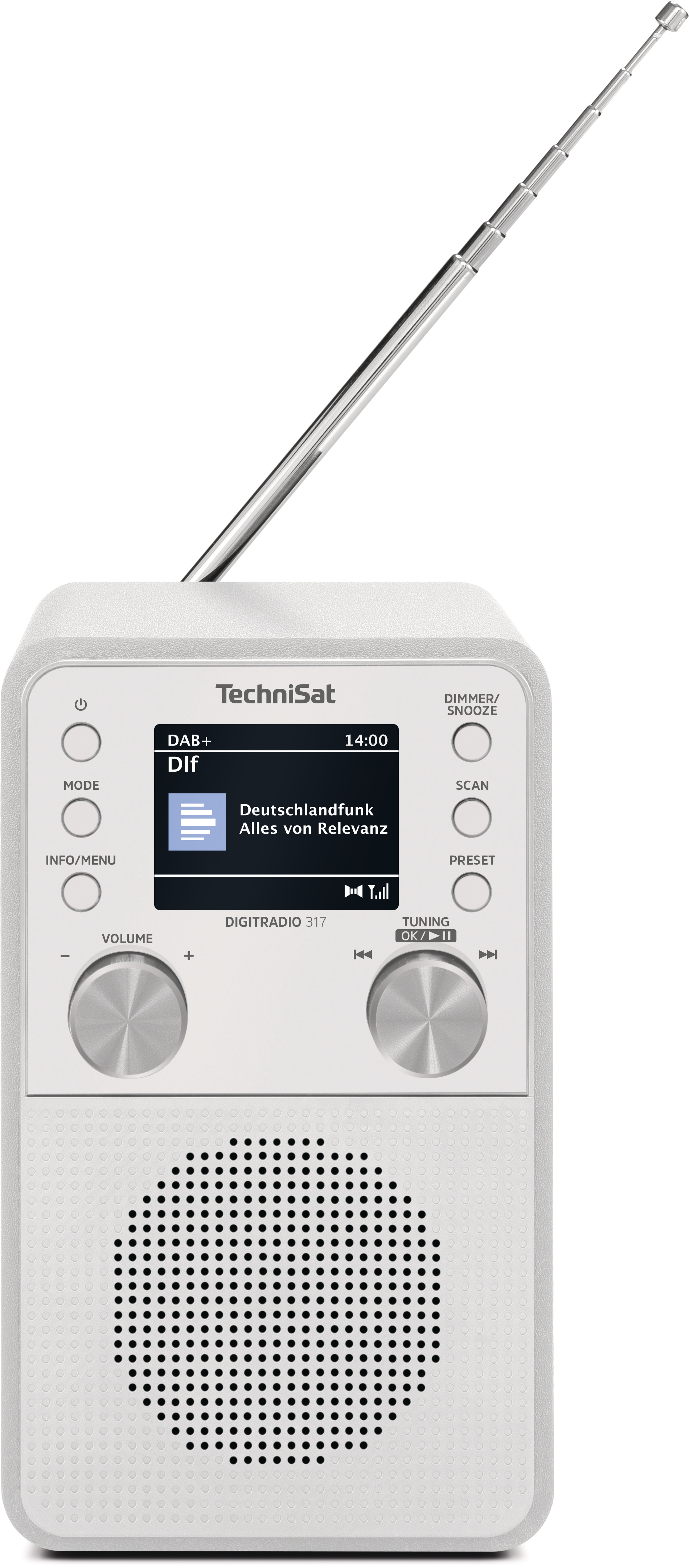 Ein weißes TechniSat Digitradio 317 mit ausziehbarer Antenne. Der Bildschirm zeigt 'DAB+ Dlf' und Radioinformationen.