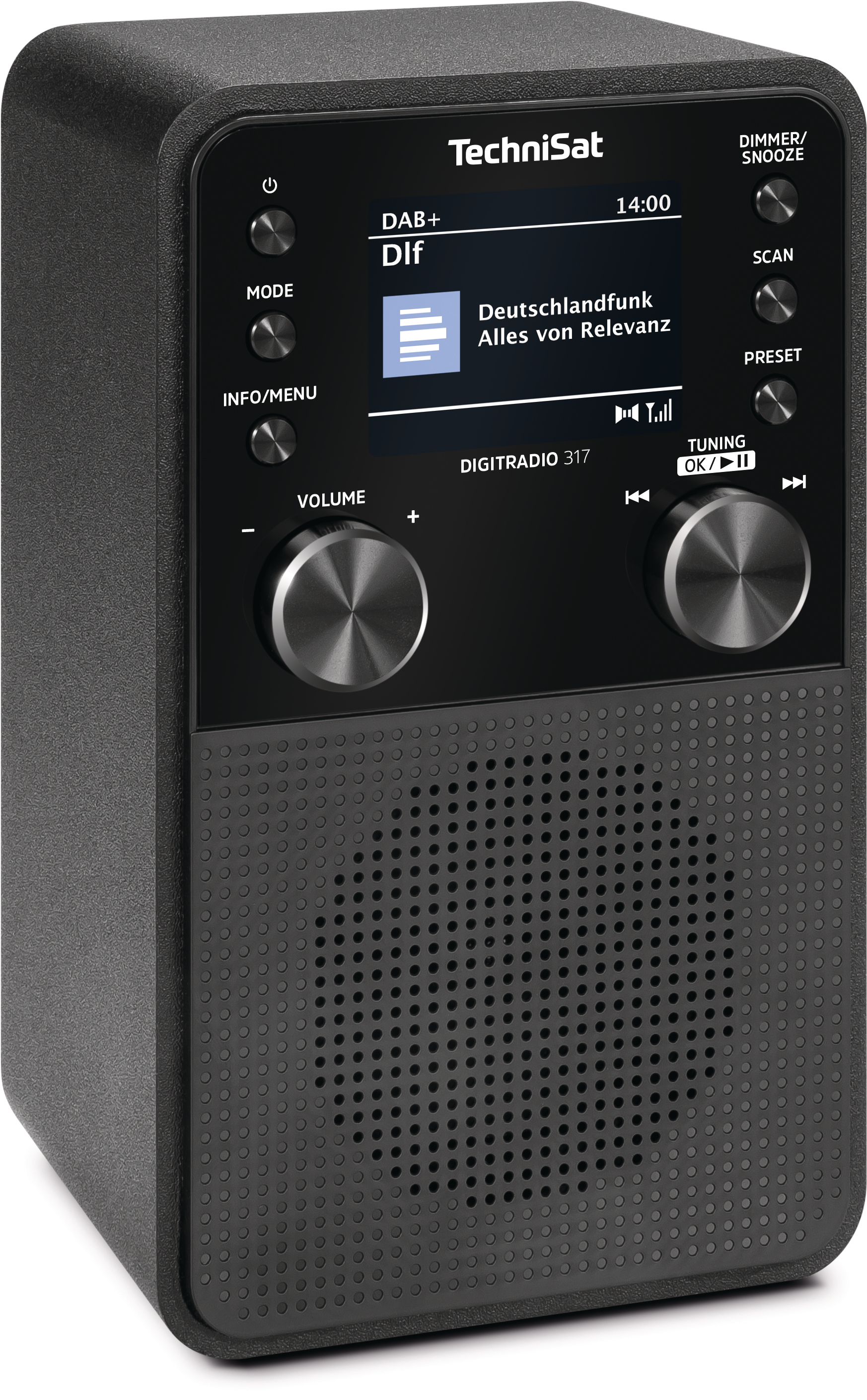 Schwarzes TechniSat-Radio mit Bildschirm, der Radiosenderinfos, Lautstärke- und Abstimmknöpfe zeigt.