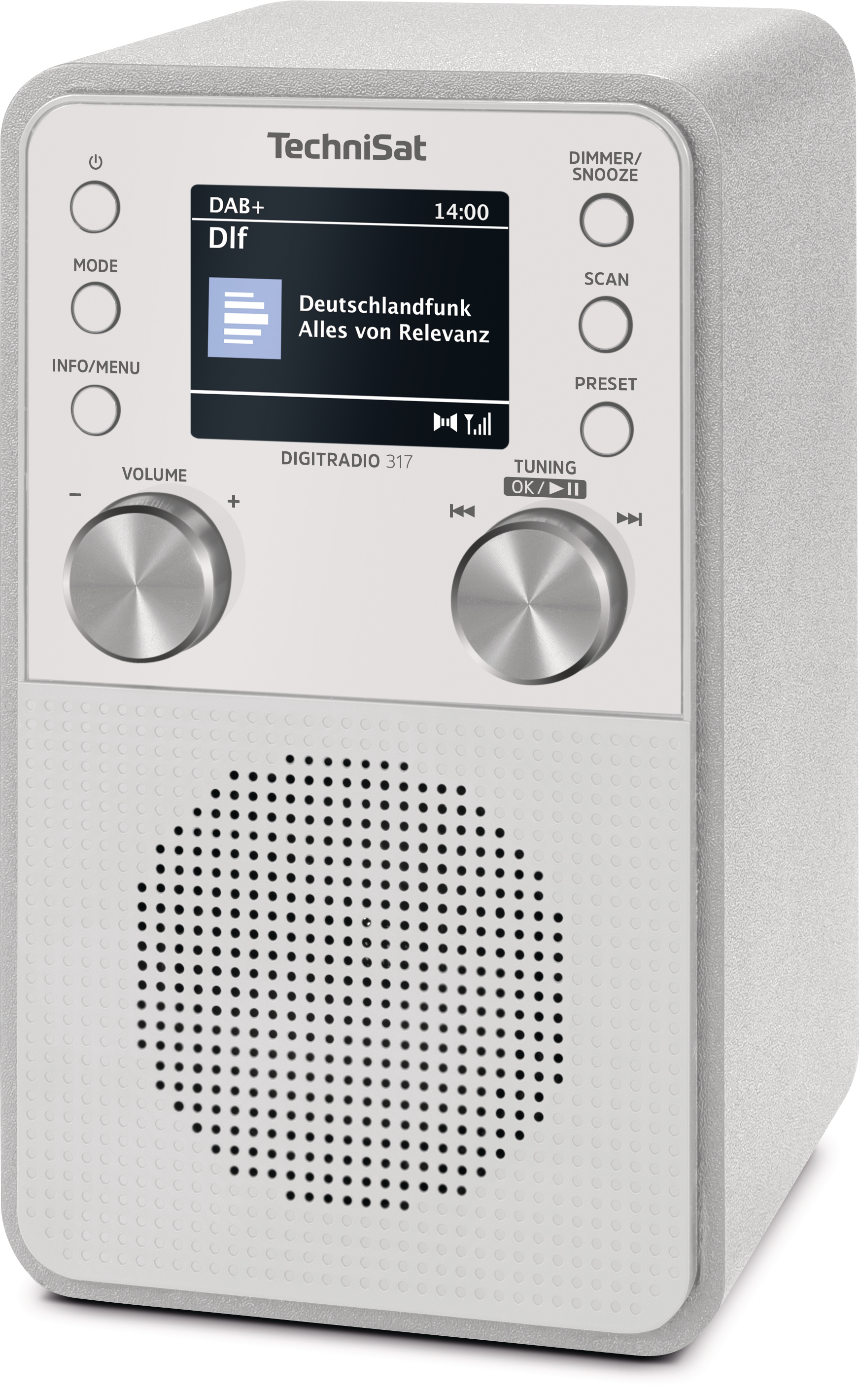 Ein TechniSat-Radio zeigt den Sender DlF, die Uhrzeit 14:00 Uhr und hat Tasten für Lautstärke, Sendersuche und Voreinstellungen.