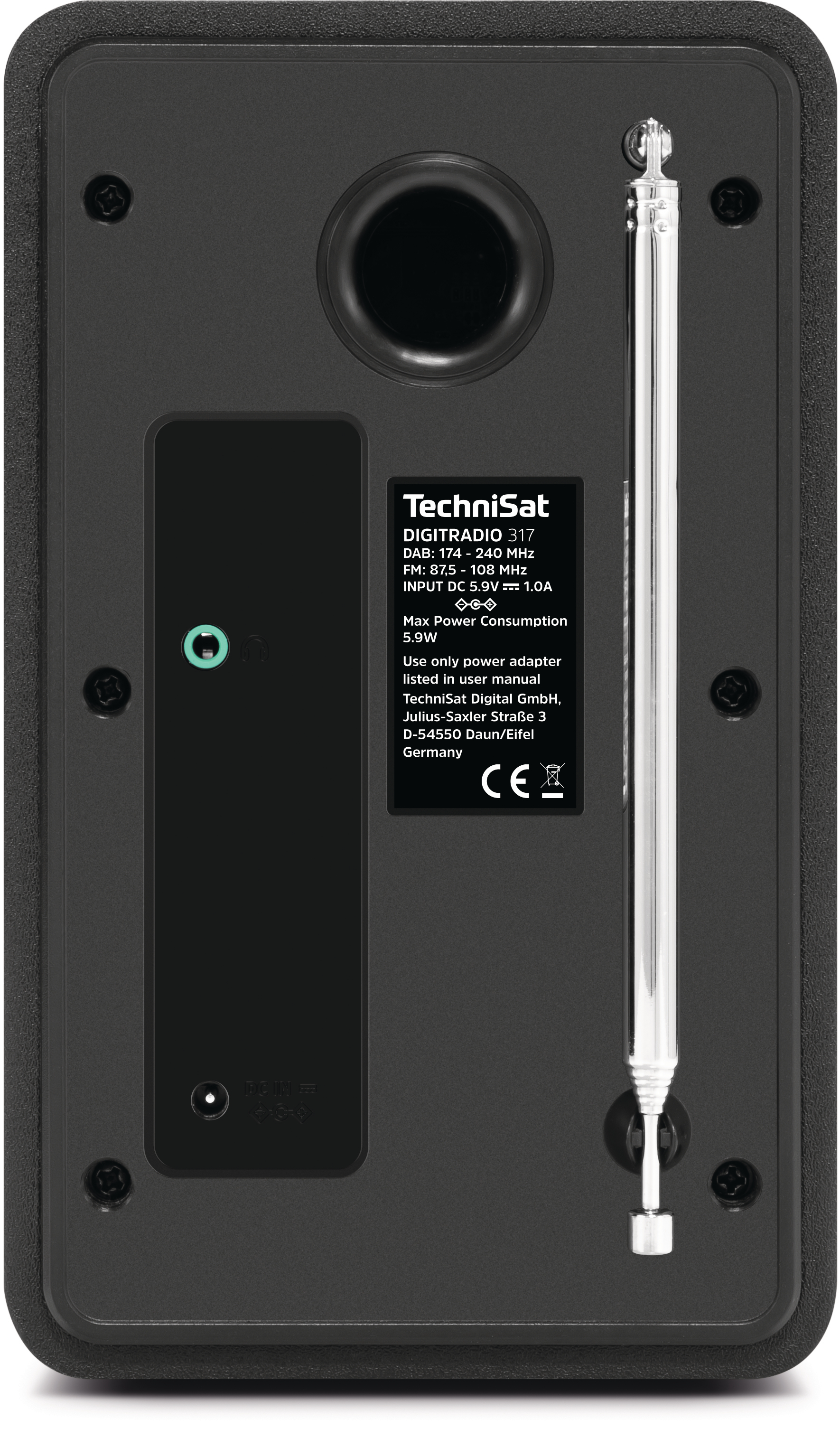 Schwarze TechniSat-Radio-Rückseite. Mit Lautsprecher, Antenne und Eingabefeld mit Branding und technischen Daten.