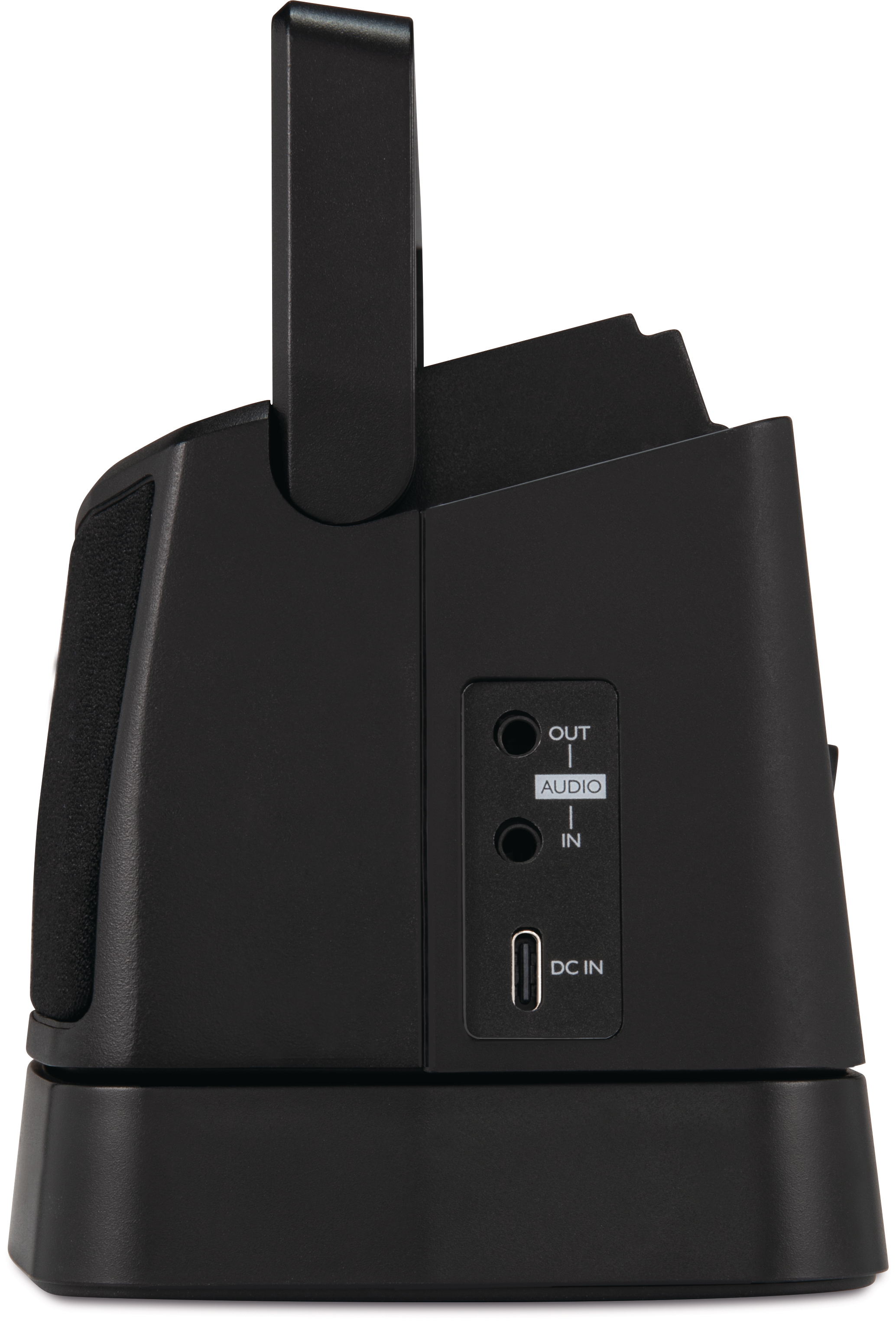Schwarzes elektronisches Gerät mit Audio-Ein-/Ausgängen und einem DC-Eingang, Seitenansicht. Es hat einen Griff.