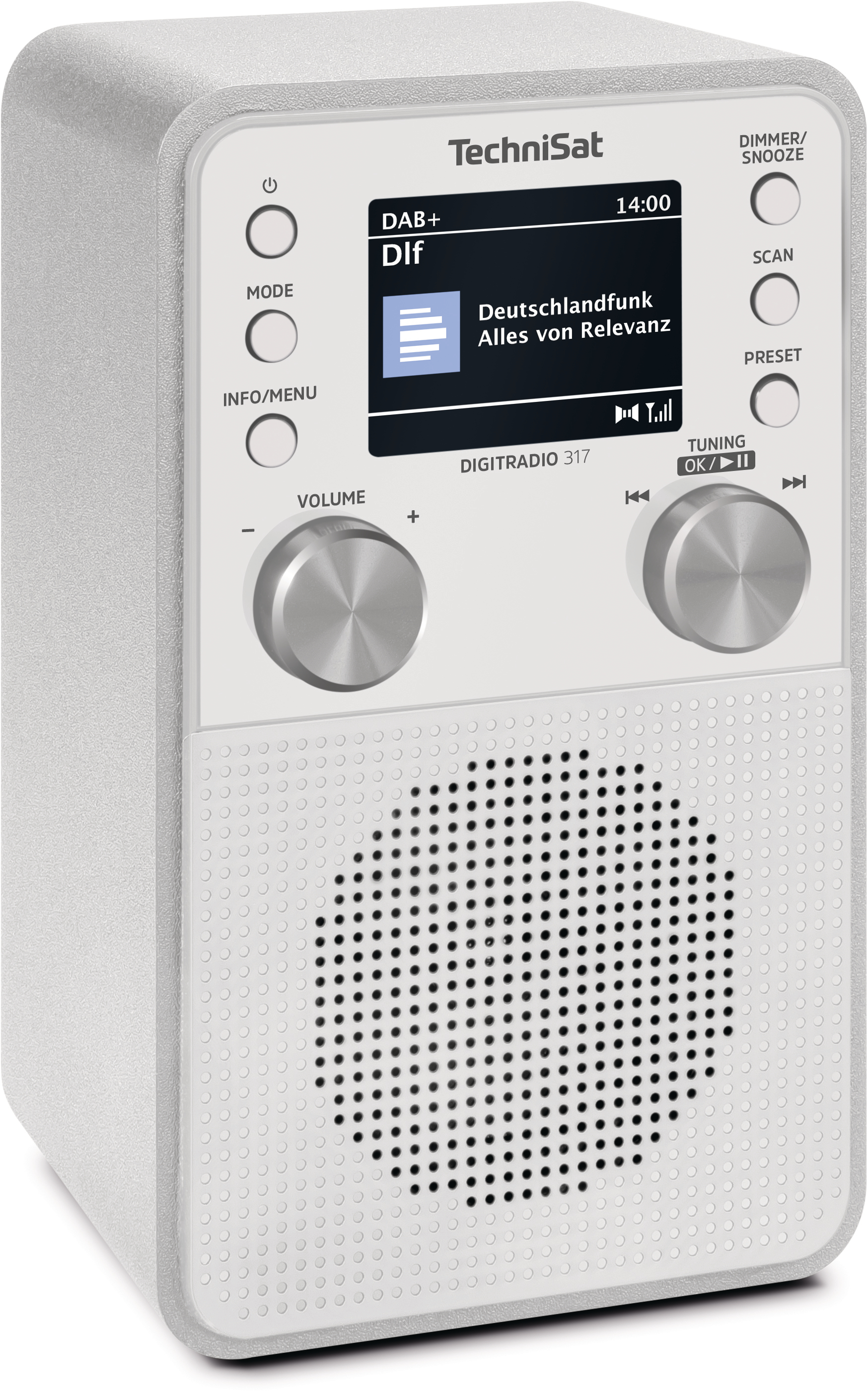 Ein weißes TechniSat DIGITRADIO 317 Radio. Es hat einen Bildschirm mit Radiosenderinformationen. Knöpfe und Drehregler sind sichtbar.