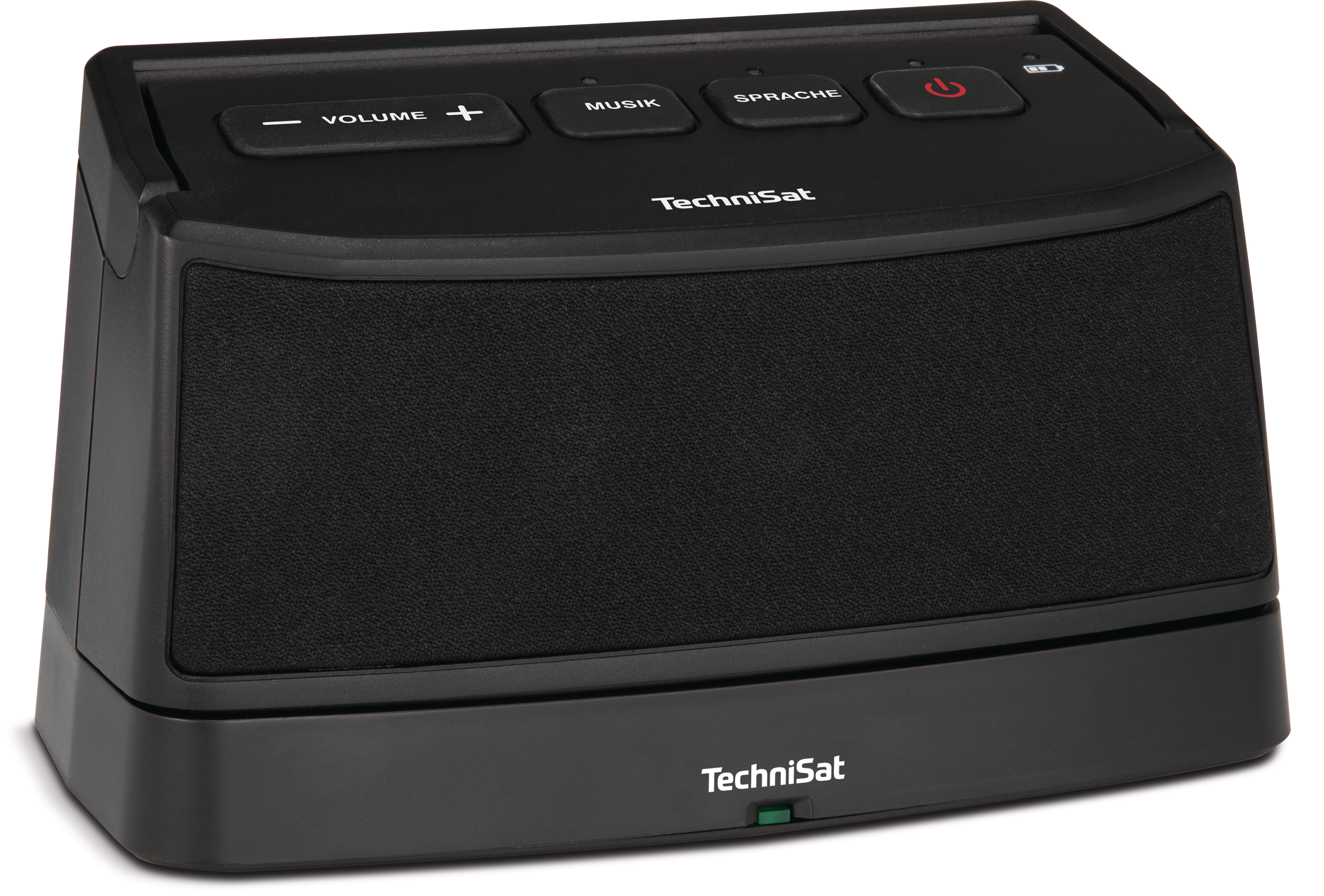 Schwarzer TechniSat-Lautsprecher mit Tasten für Lautstärke, Musik, Sprache und Strom. Ein grünes Licht ist sichtbar.