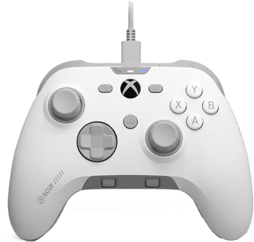 Ein weißer Xbox-Controller mit grauen Akzenten und Knöpfen. Er hat ein Kabel oben und das Xbox-Logo in der Mitte.