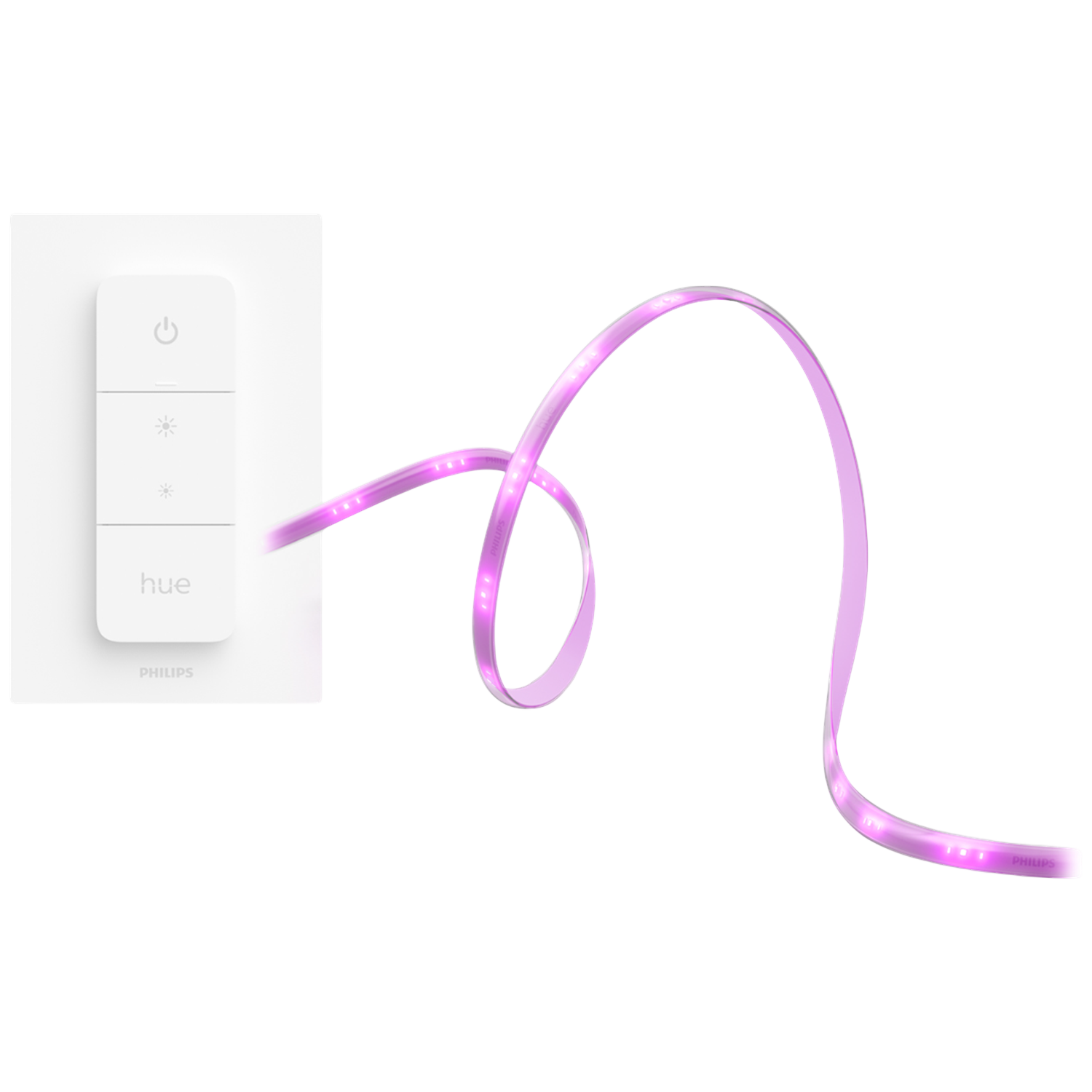 Een witte Philips Hue afstandsbediening en een gebogen roze LED-lichtstrip. De strip heeft een lichtroze gloed en staat tegen een witte achtergrond.