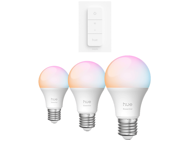 Philips Hue Bundle Essential Slimme A60 Lamp Wit En Gekleurd Licht 3-stuks + Dimmer Switch Draadloze Schakelaar