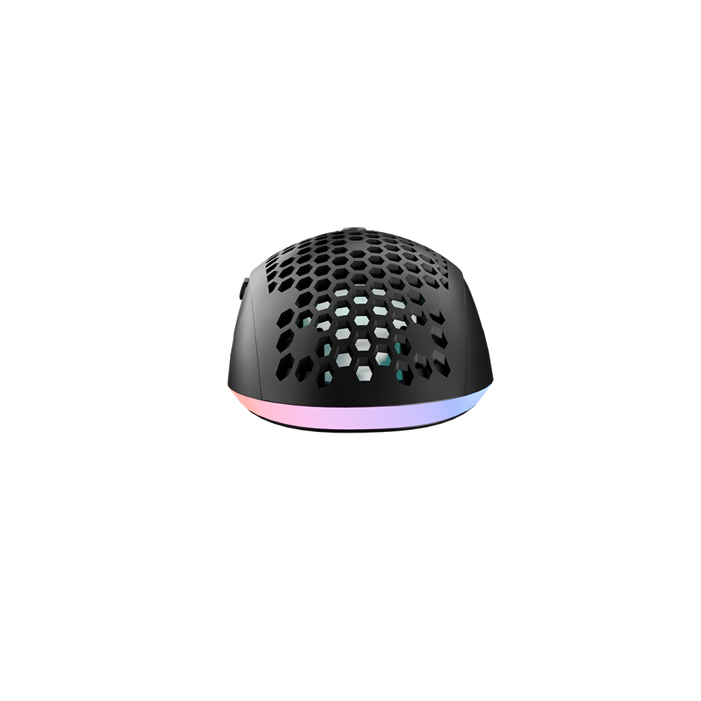 Egy fekete gamer egér méhsejtmintával. RGB világítás van az alján, fehér háttérrel.