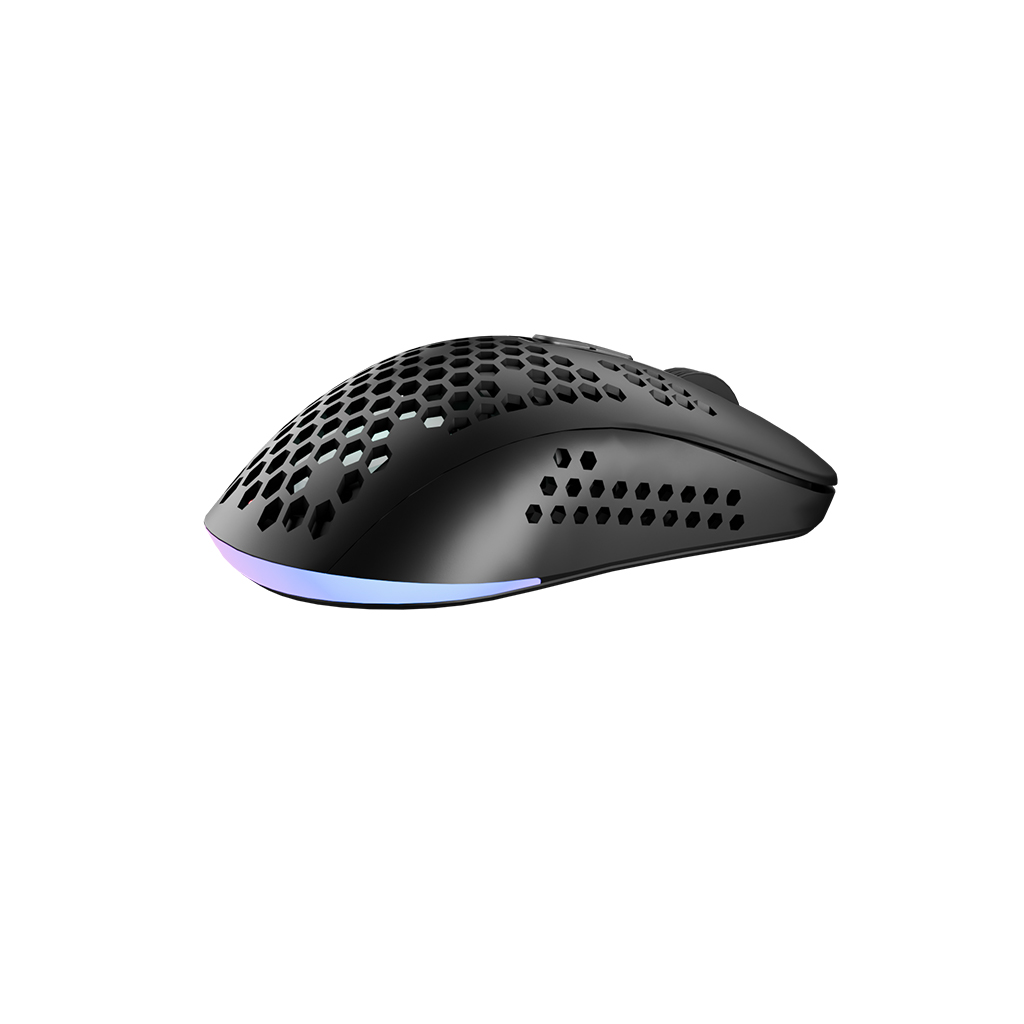 Fekete gamer egér méhsejt mintával és RGB világítással fehér háttéren. Az egér enyhén meg van döntve.