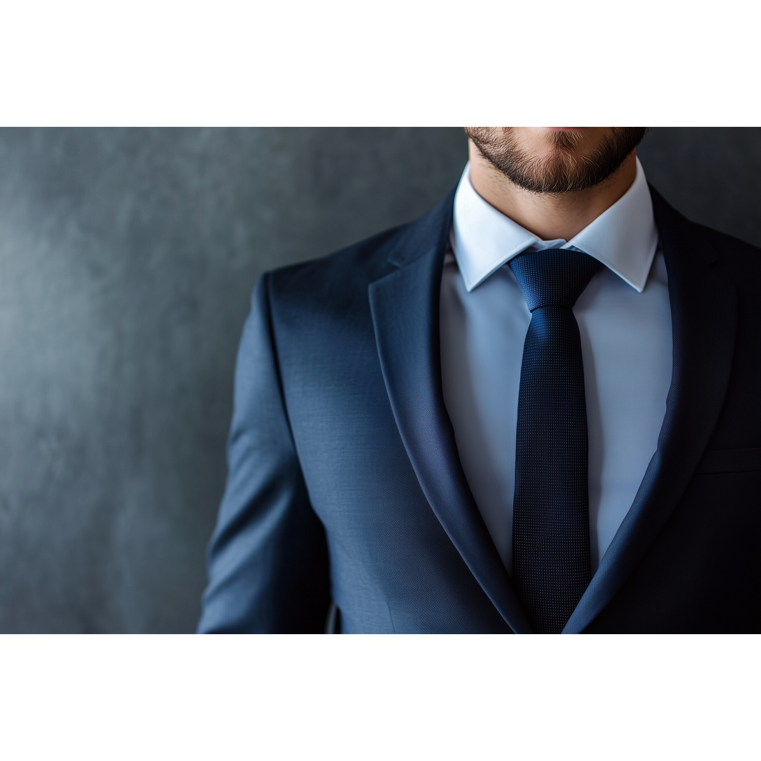 Primo piano di un uomo in abito blu navy, camicia bianca e cravatta blu navy. Visibile sfondo grigio scuro.