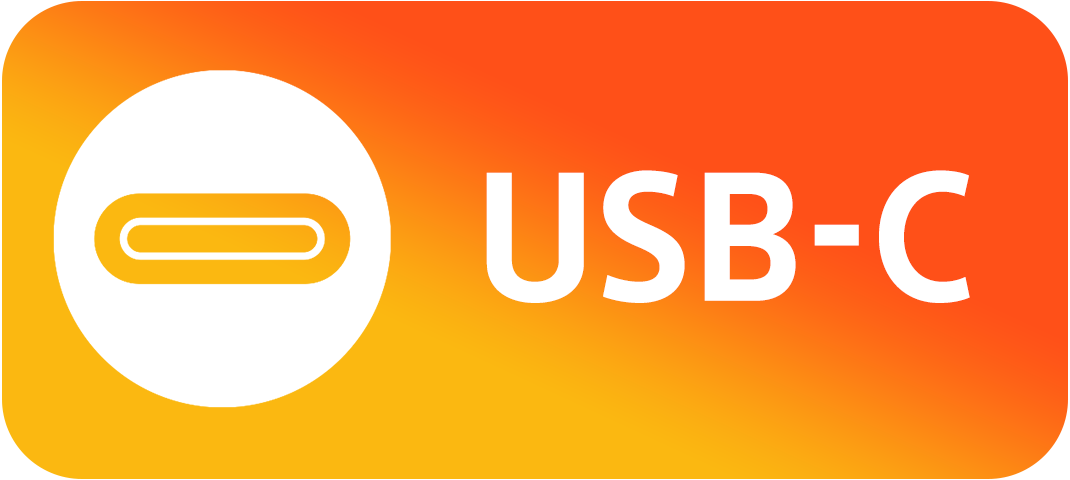 Logo USB-C na pomarańczowym tle gradientu. Logo to białe koło z żółtym owalem w środku. Obecny jest również tekst 'USB-C'.