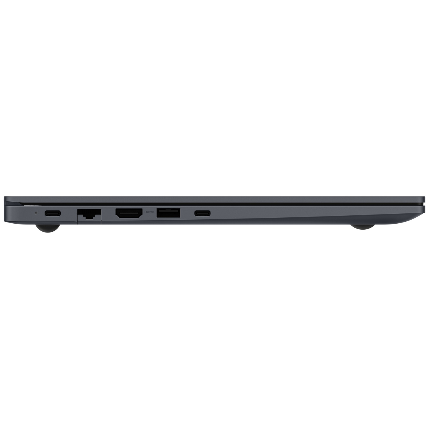 Side view of a dark gray laptop. Visible ports include USB-C, Ethernet, HDMI, and others. The laptop is on a white background.