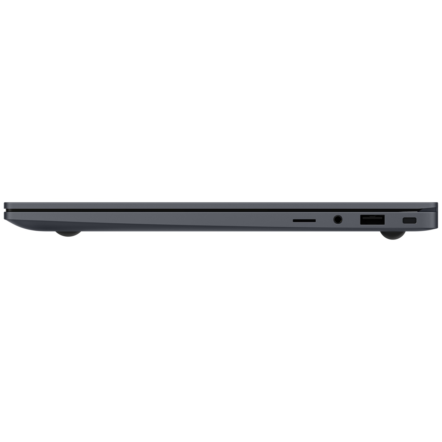 Side view of a dark gray laptop. Ports include a card reader, headphone jack, USB, and a charging port. The laptop is on a white background.