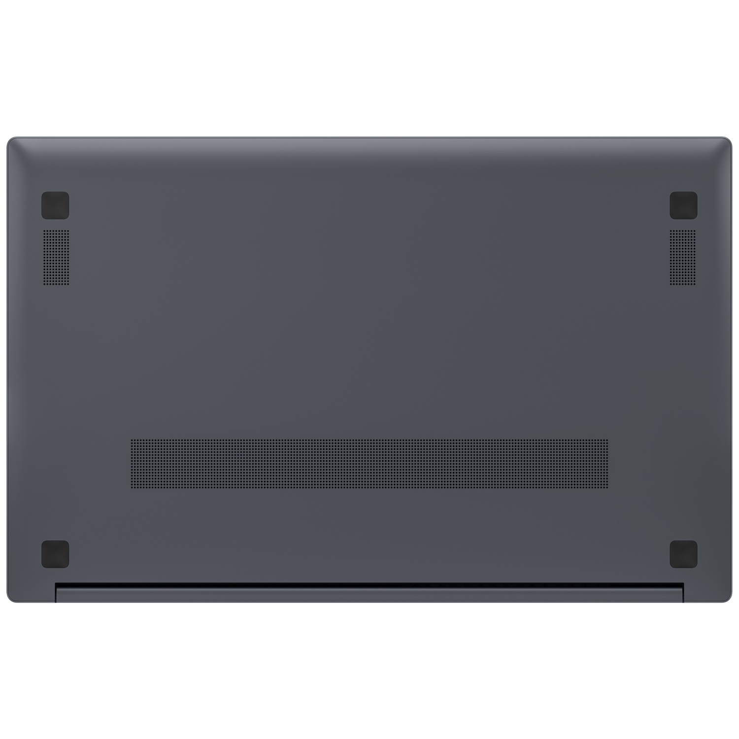 The underside of a grey laptop. It has ventilation holes and small rubber feet. The laptop is on a white background.