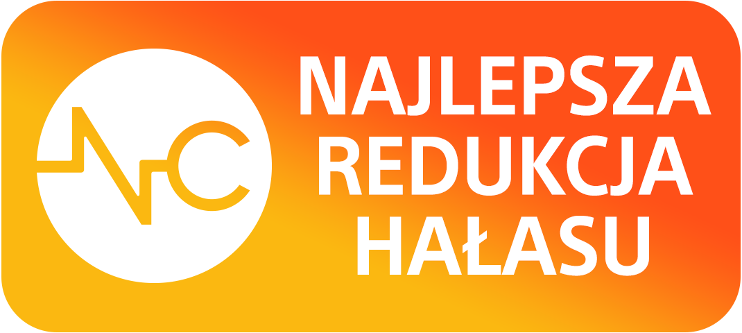 Obraz z białym tekstem 'NAJLEPSZA REDUKCJA HAŁASU' na pomarańczowym gradientowym tle, z logo 'NC'.