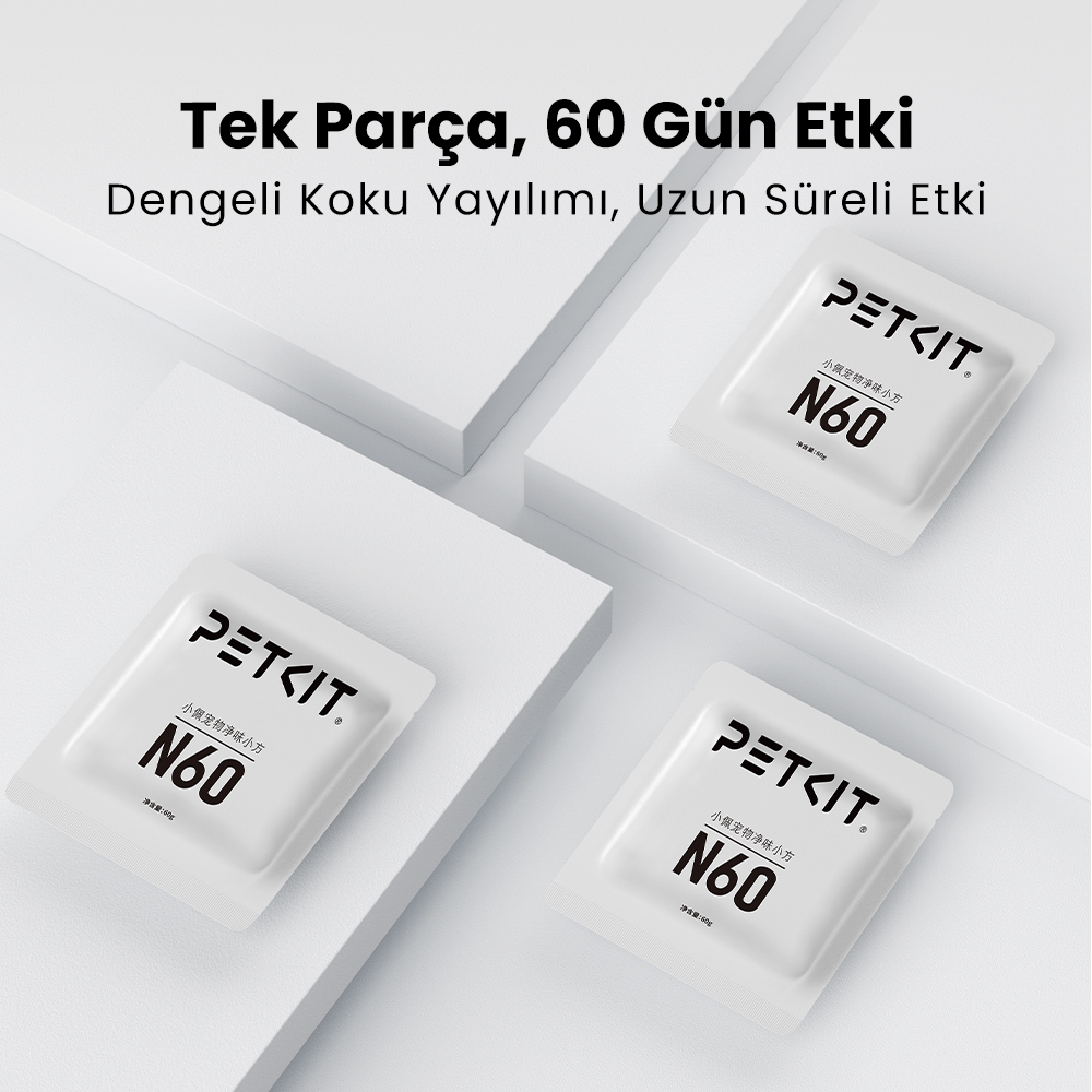 Beyaz bir yüzey üzerinde dört beyaz PETKIT N60 ürün paketi. Türkçe ve Çince metin. Dikdörtgen şekilli ambalajlar.