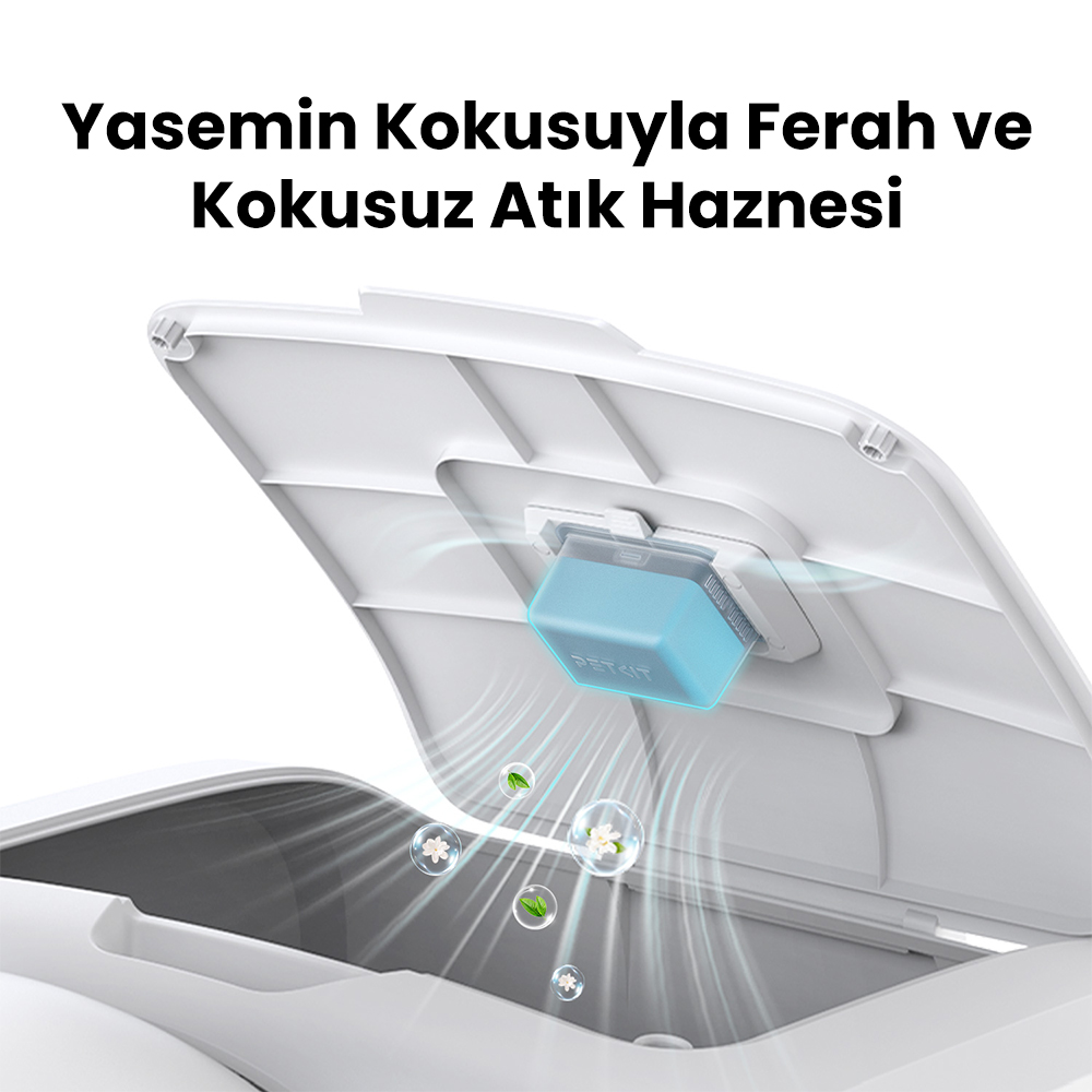 Mavi filtreli açık beyaz çöp kutusu kapağı. Yasemin çiçekleri ve yaprakları hava akımı ile kabarcıklar içinde gösterilmektedir.