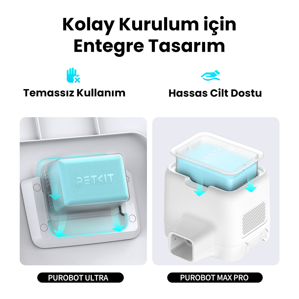 Mavi iç kısımlara sahip iki beyaz cihaz gösteriliyor. Metin 'kolay kurulum' ve 'cilt dostu' olduğunu belirtiyor. Etiketler 'Purobot Ultra' ve 'Max Pro' yazıyor.