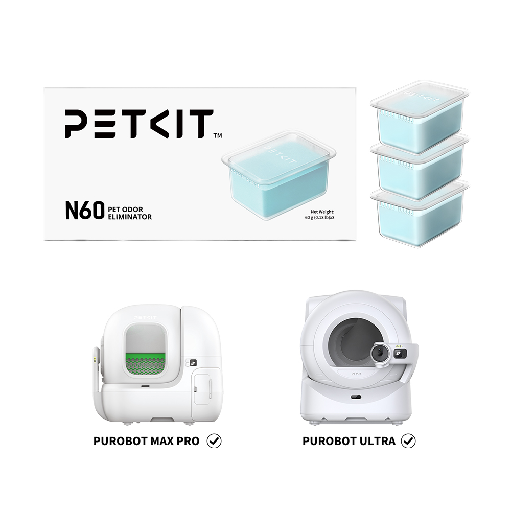 Görselde PETKIT ürünleri görülüyor: evcil hayvan koku giderici, üç mavi kutu ve iki beyaz kedi tuvaleti, Purobot Max Pro ve Ultra.