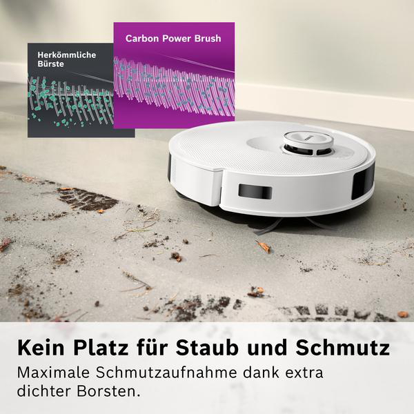 Ein weißer Roboter-Staubsauger auf einem schmutzigen Boden. Grafiken zeigen Bürstenvergleiche. Text sagt 'Kein Platz für Staub und Schmutz'.